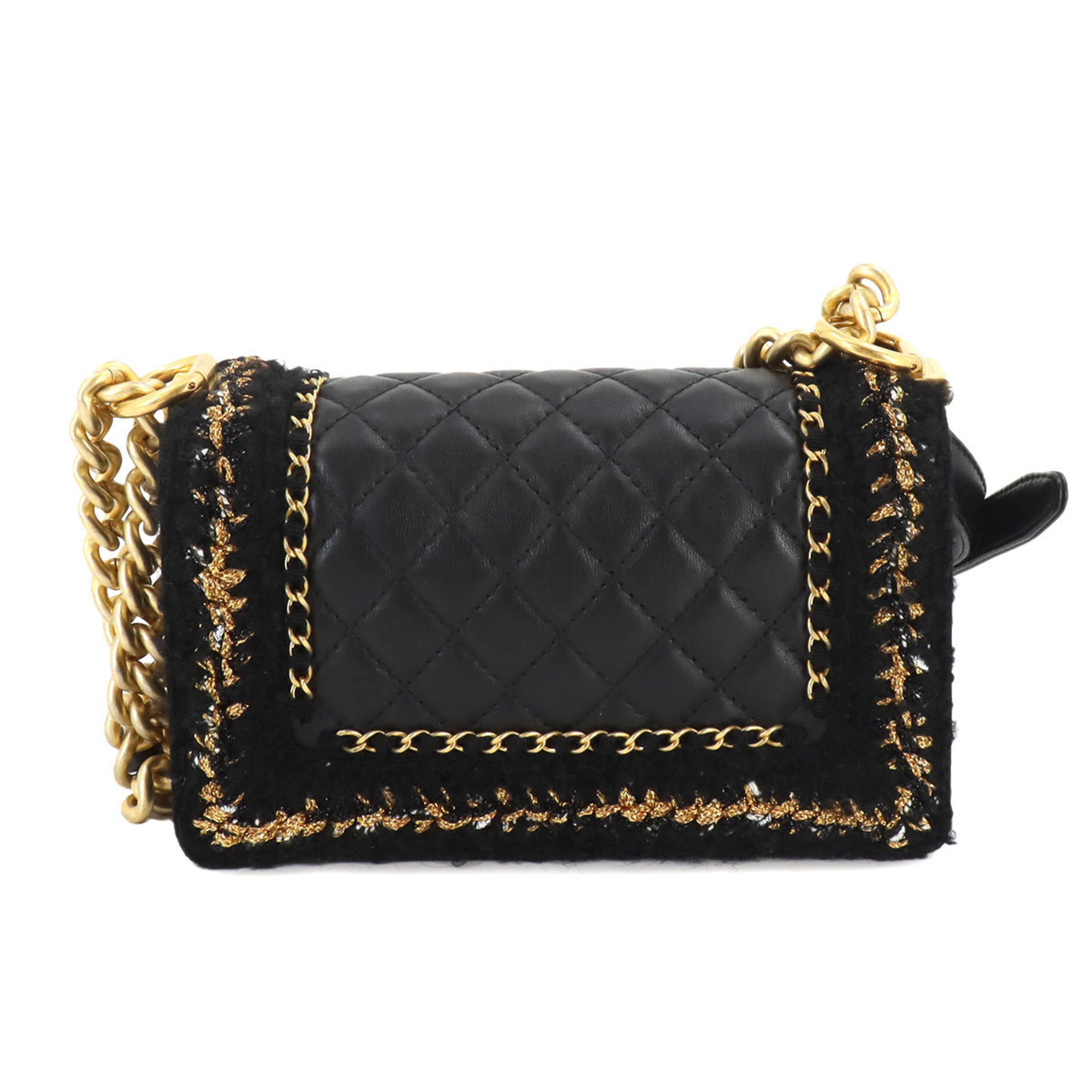 CHANEL Boy Chanel Small Chain Shoulder Bag Leather Tweed Black A67085 Gold Metal Fittings