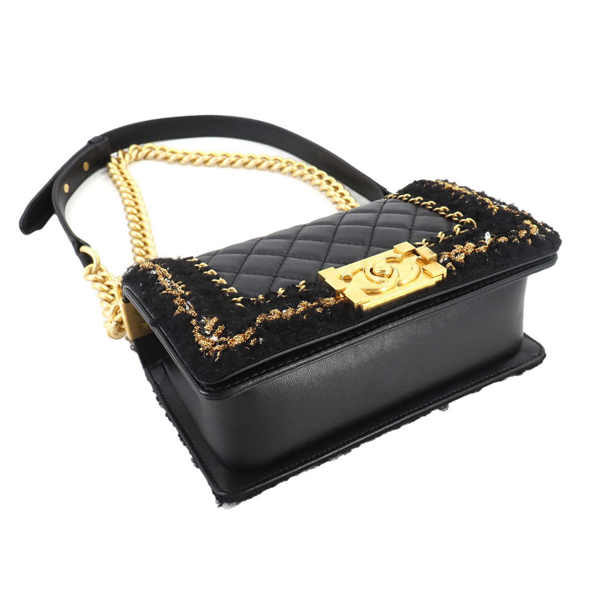 CHANEL Boy Chanel Small Chain Shoulder Bag Leather Tweed Black A67085 Gold Metal Fittings