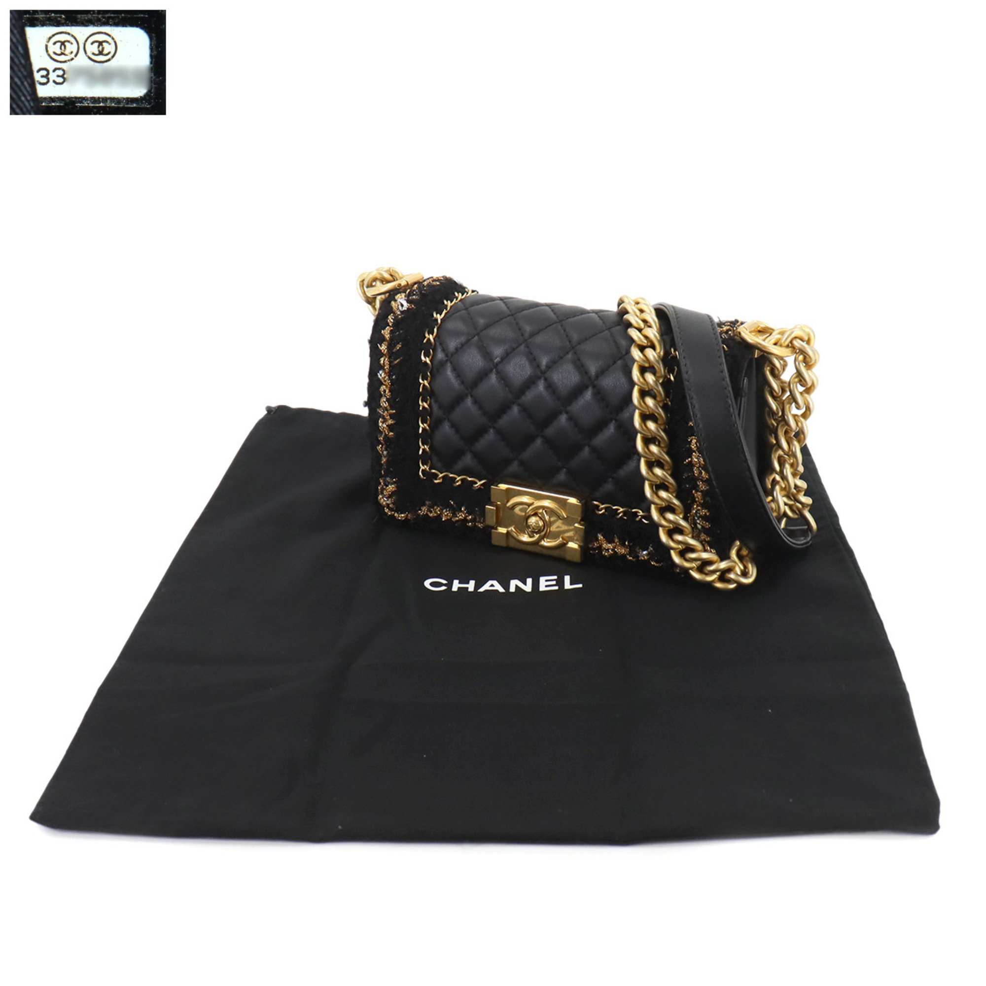 CHANEL Boy Chanel Small Chain Shoulder Bag Leather Tweed Black A67085 Gold Metal Fittings