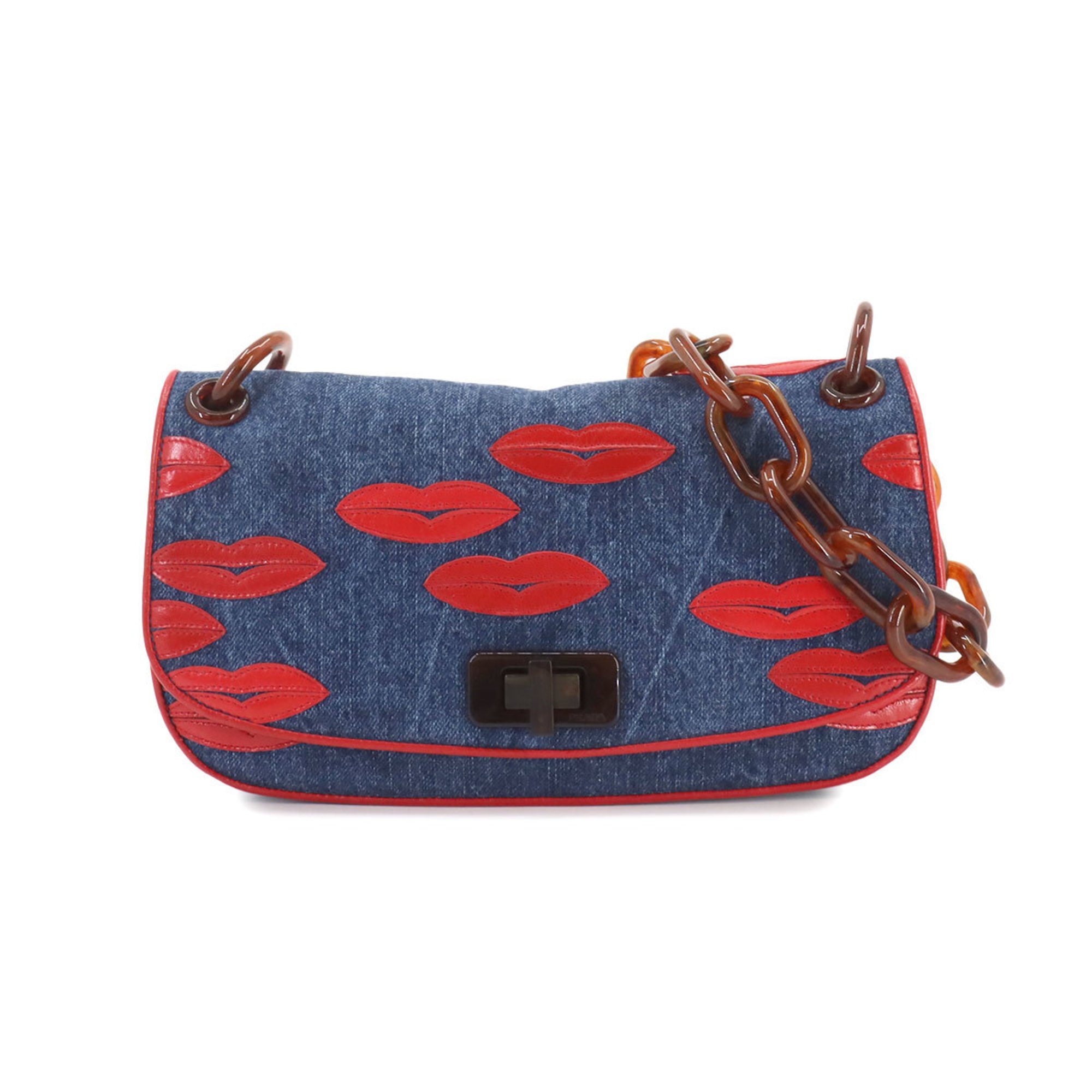 PRADA Plachain Shoulder Bag Denim Leather Blue Red Lip Motif