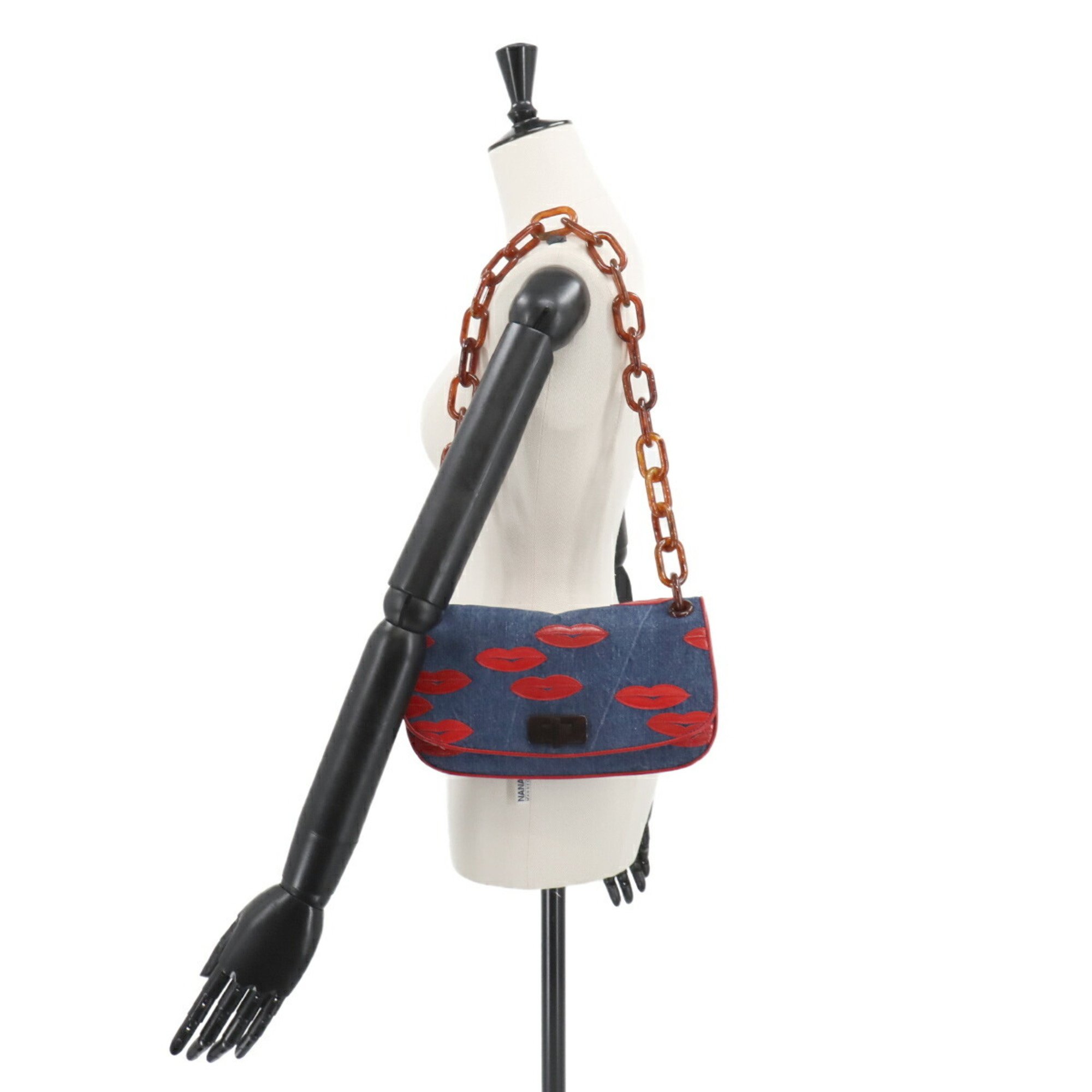 PRADA Plachain Shoulder Bag Denim Leather Blue Red Lip Motif