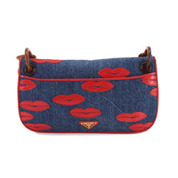 PRADA Plachain Shoulder Bag Denim Leather Blue Red Lip Motif