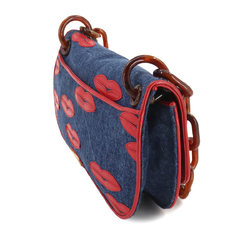 PRADA Plachain Shoulder Bag Denim Leather Blue Red Lip Motif