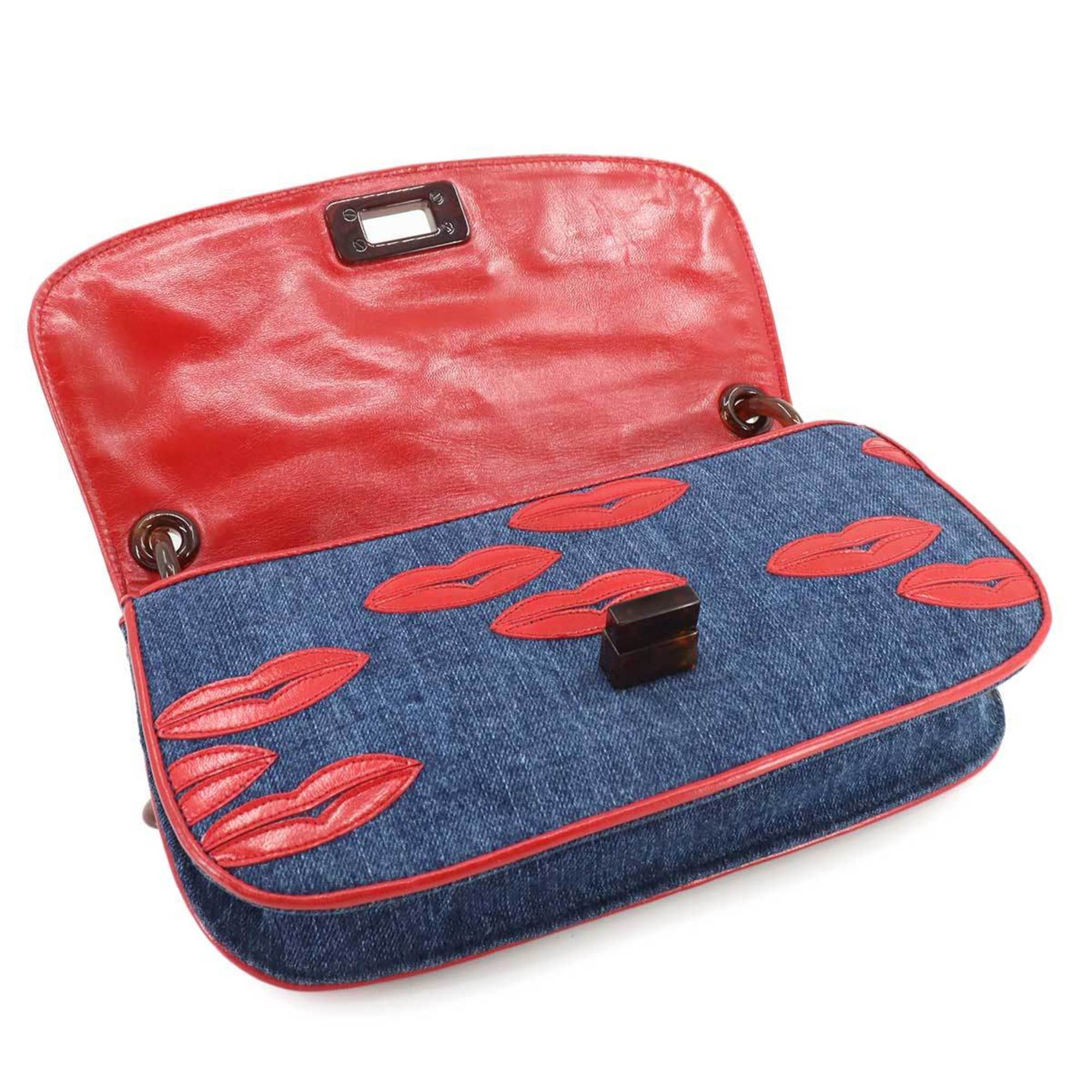 PRADA Plachain Shoulder Bag Denim Leather Blue Red Lip Motif