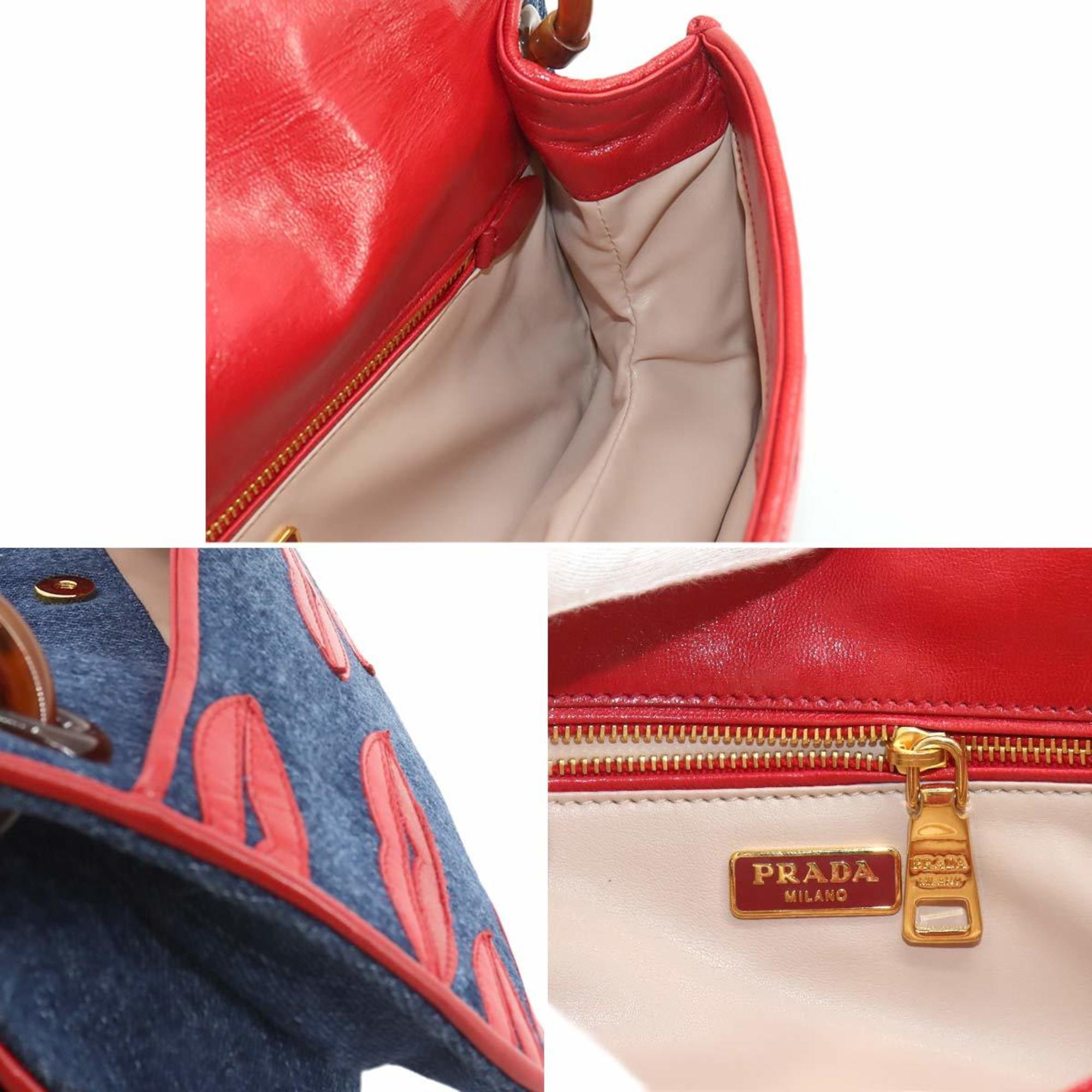 PRADA Plachain Shoulder Bag Denim Leather Blue Red Lip Motif