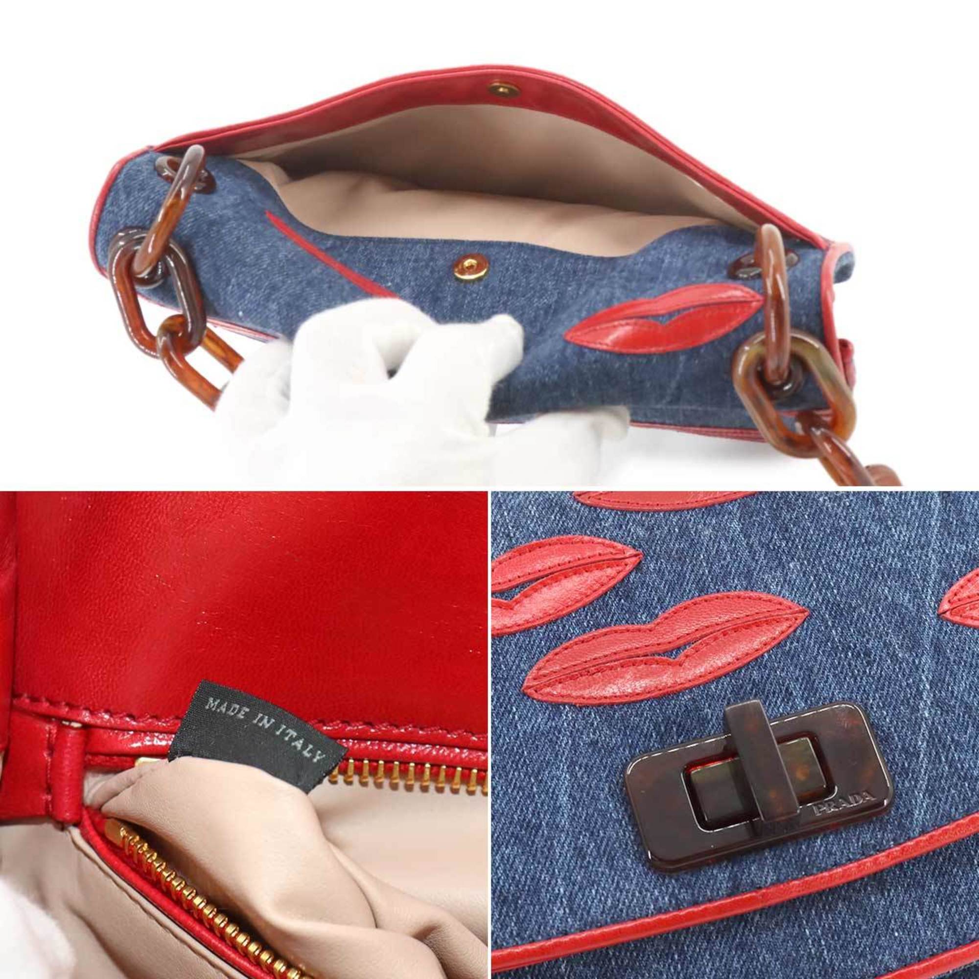 PRADA Plachain Shoulder Bag Denim Leather Blue Red Lip Motif