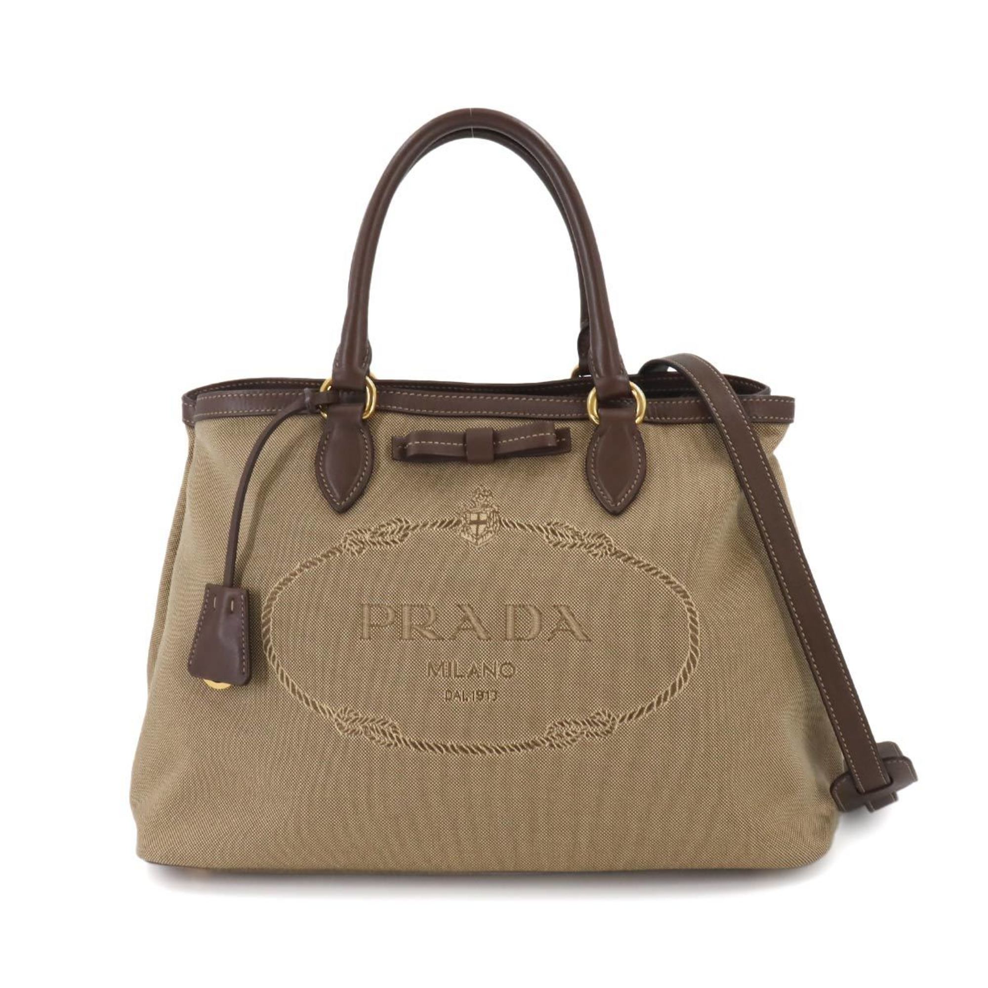 PRADA Jacquard 2-way Tote Shoulder Bag Canvas Leather Beige Brown 1BA579 Logo