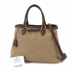 PRADA Jacquard 2-way Tote Shoulder Bag Canvas Leather Beige Brown 1BA579 Logo