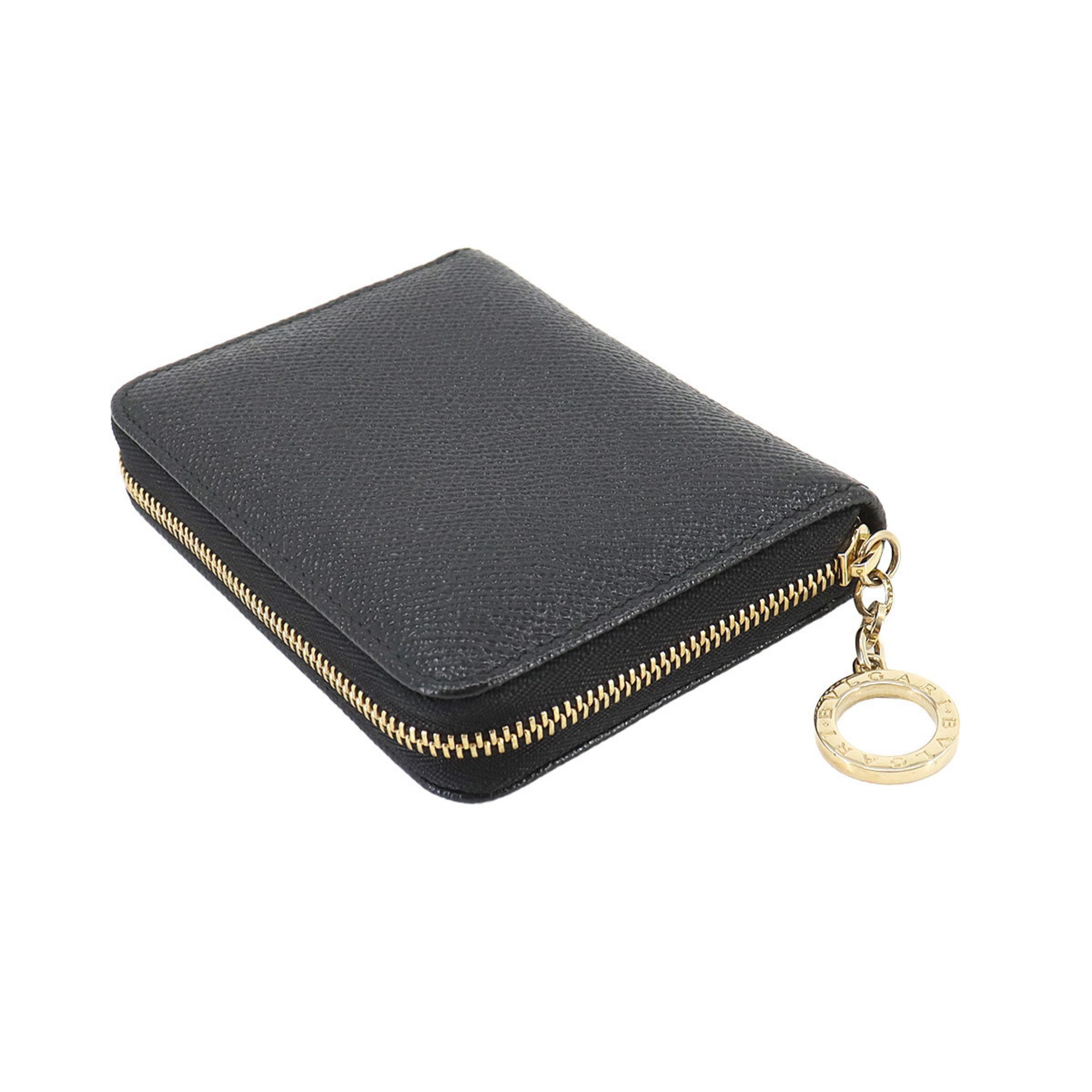 BVLGARI Round Compact Wallet Leather Black 291027 Gold Hardware