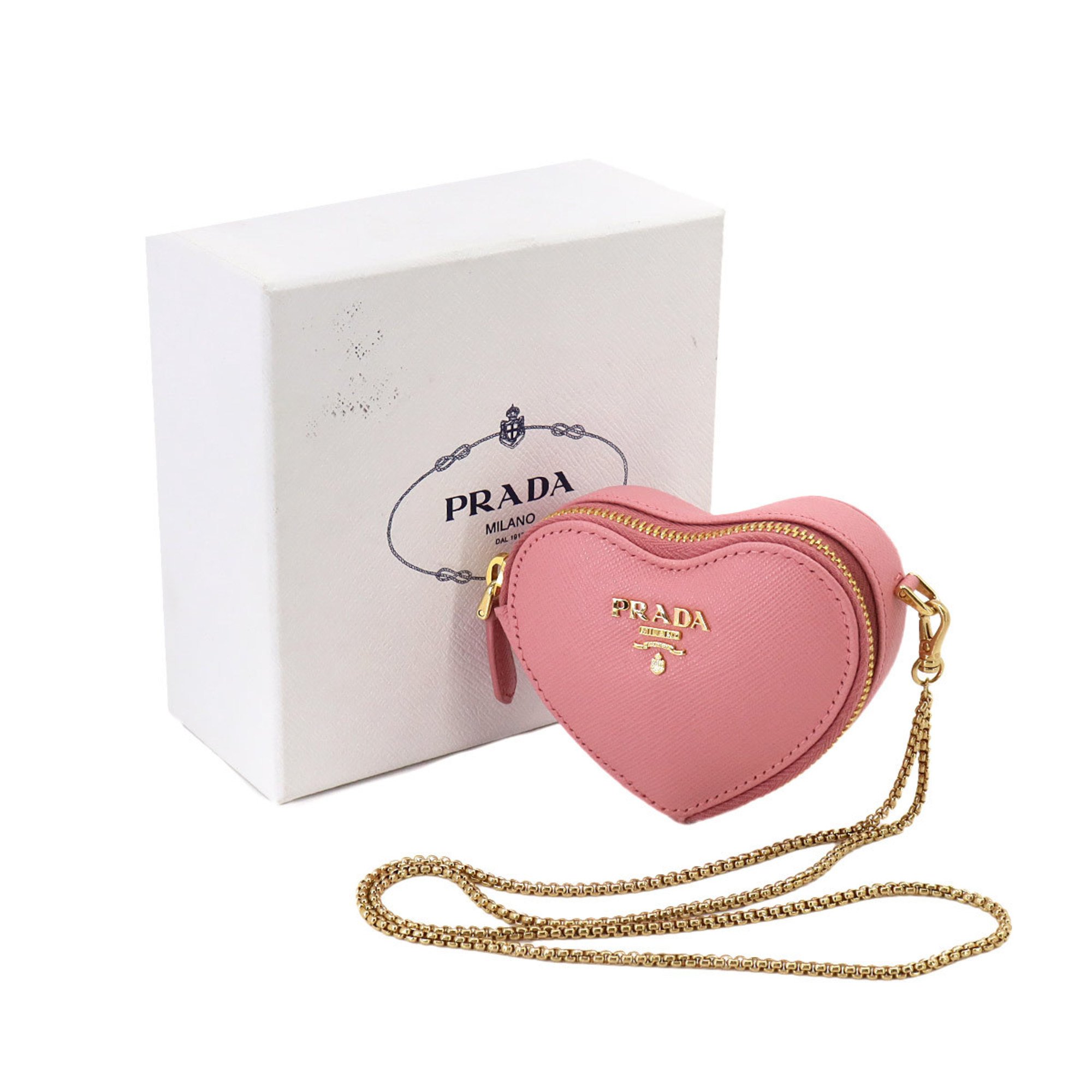 PRADA Saffiano Heart Chain Pouch in Pink Leather with Strap 1TL400