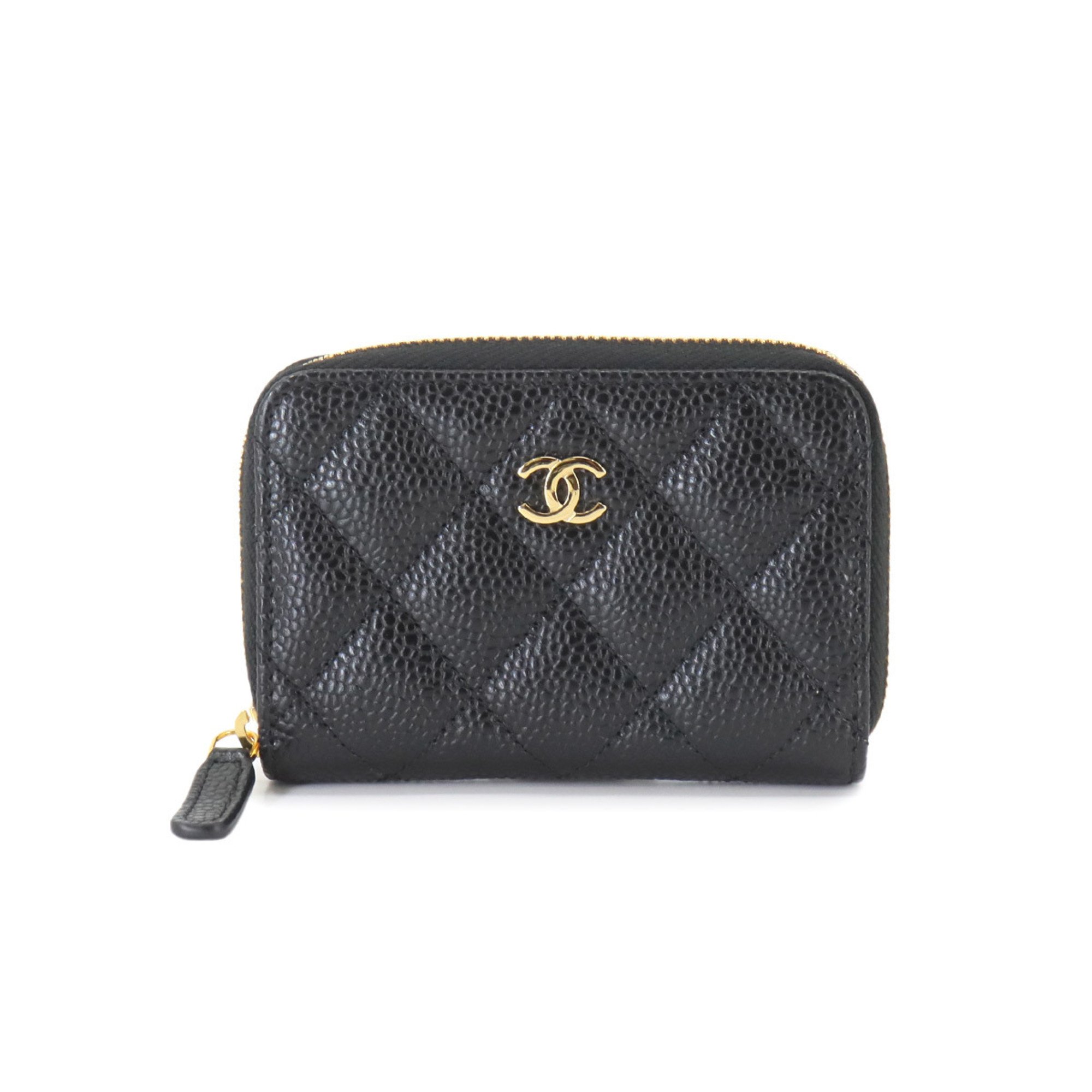 CHANEL Matelasse Classic Zip Coin Purse, Caviar Skin Leather, Black Coco Mark, AP0216, Gold Hardware, Purse