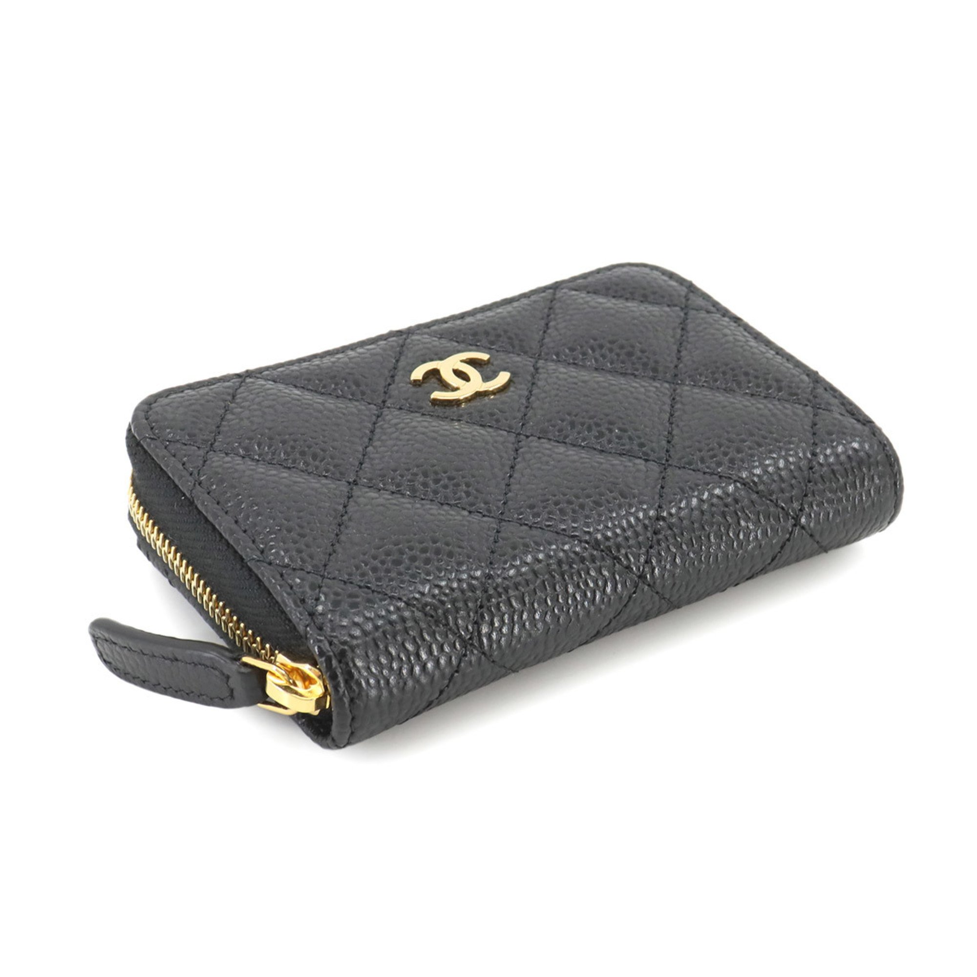 CHANEL Matelasse Classic Zip Coin Purse, Caviar Skin Leather, Black Coco Mark, AP0216, Gold Hardware, Purse