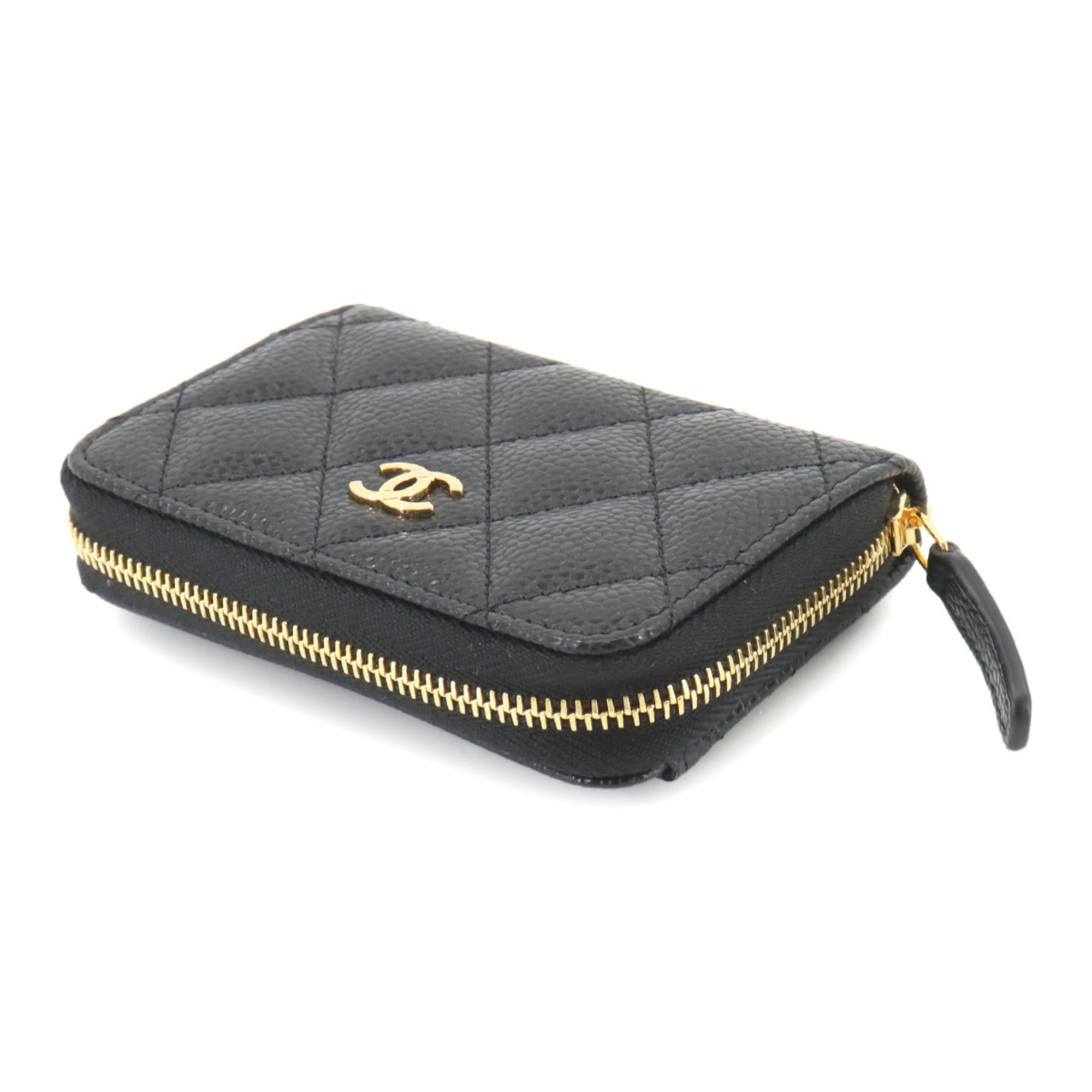 CHANEL Matelasse Classic Zip Coin Purse, Caviar Skin Leather, Black Coco Mark, AP0216, Gold Hardware, Purse