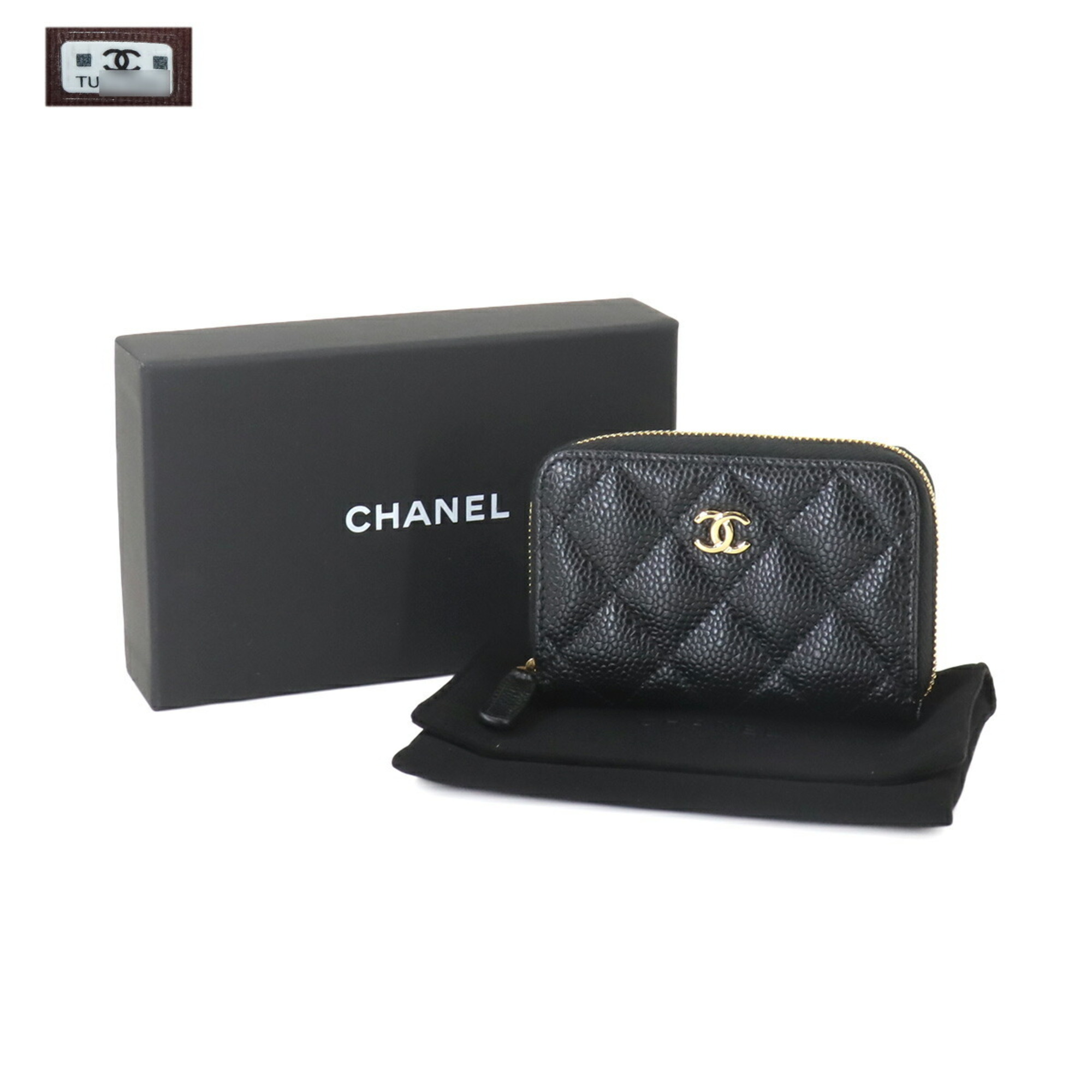 CHANEL Matelasse Classic Zip Coin Purse, Caviar Skin Leather, Black Coco Mark, AP0216, Gold Hardware, Purse