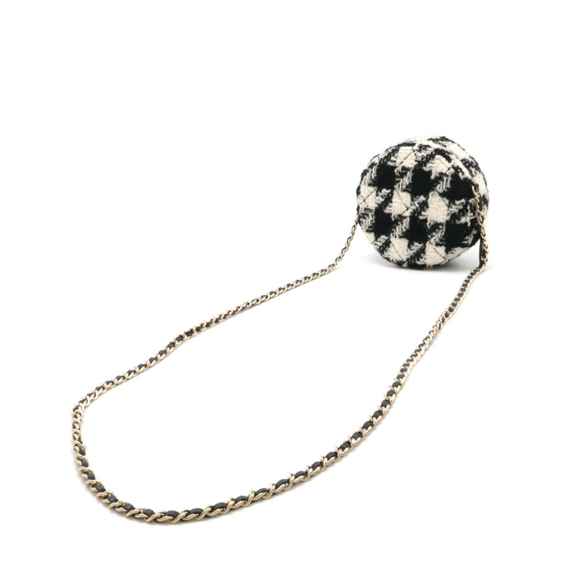 CHANEL Chanel Round Chain Shoulder Pochette Houndstooth Tweed Boa Ivory White Black AP0986