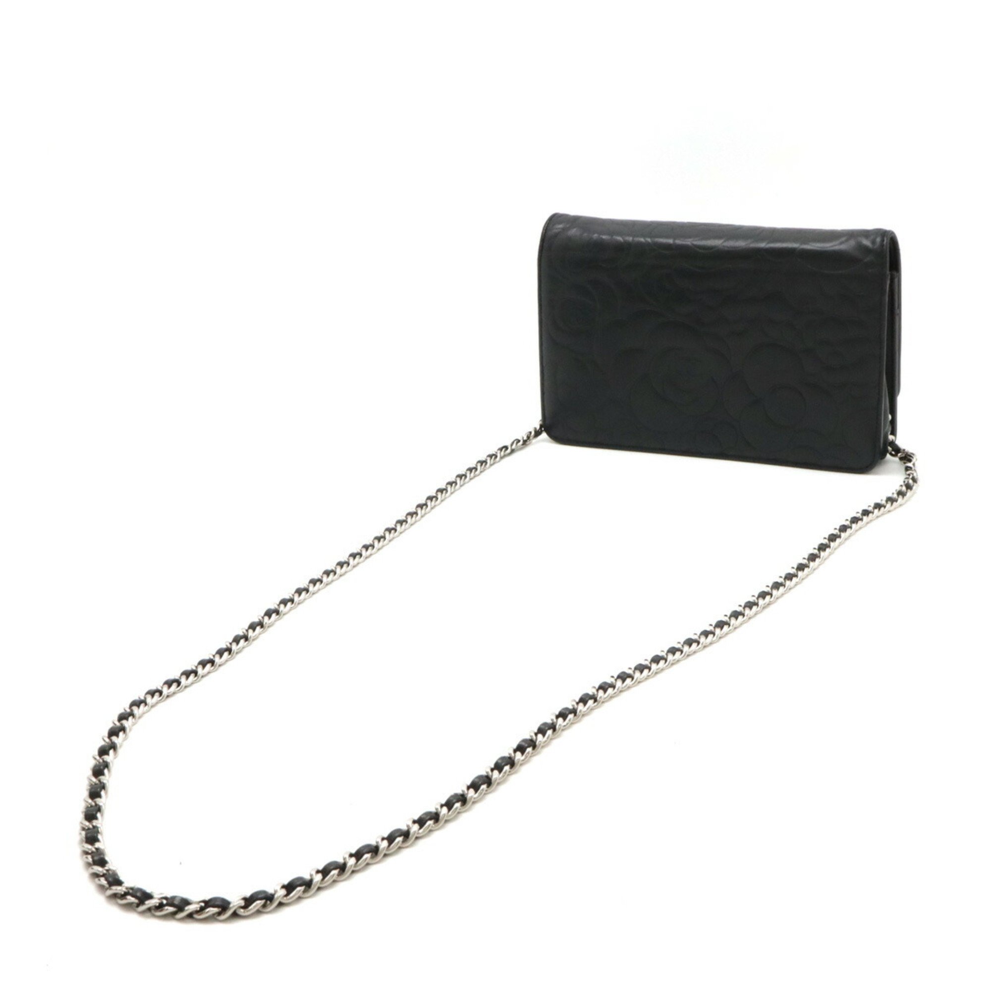 CHANEL Camellia Chain Wallet Shoulder Bag Pochette Lambskin Leather Black 7421