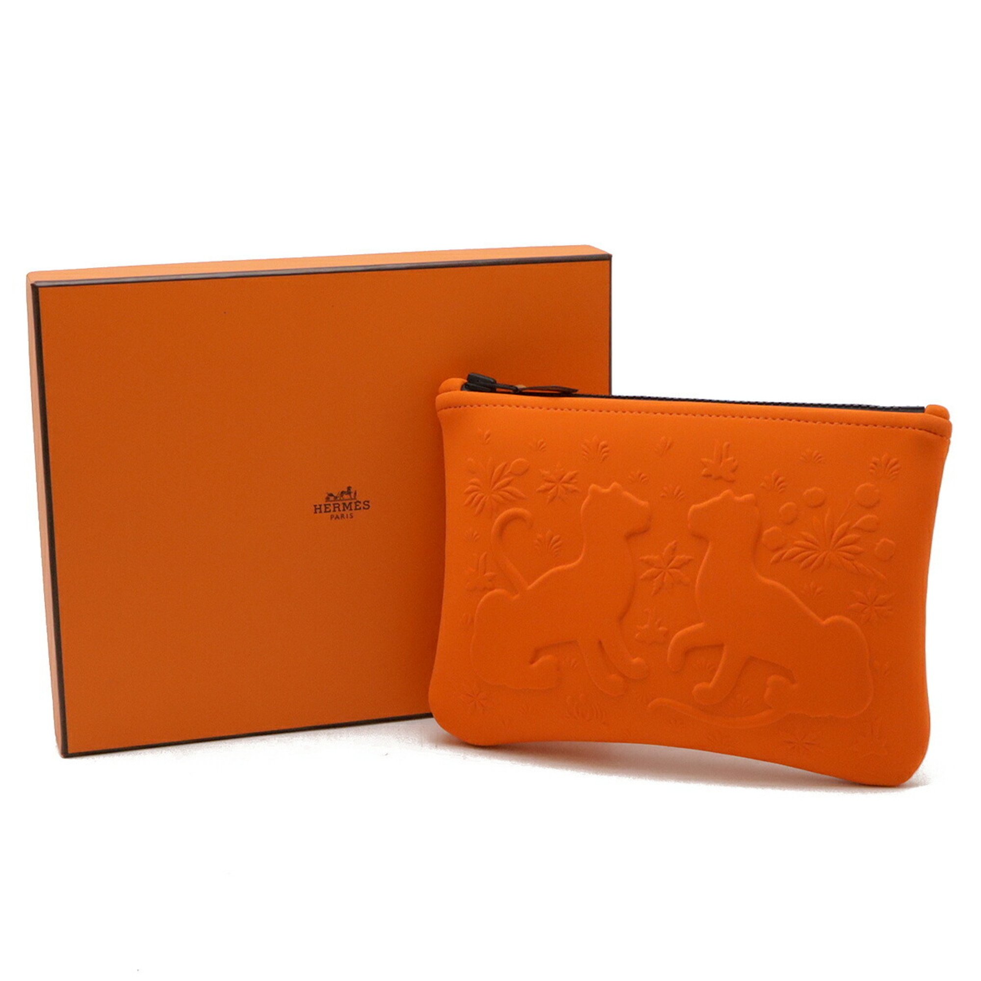 HERMES Neoban Leopard Truth Flat PM Clutch Bag Multi Pouch Second Polyamide Elastane Orange