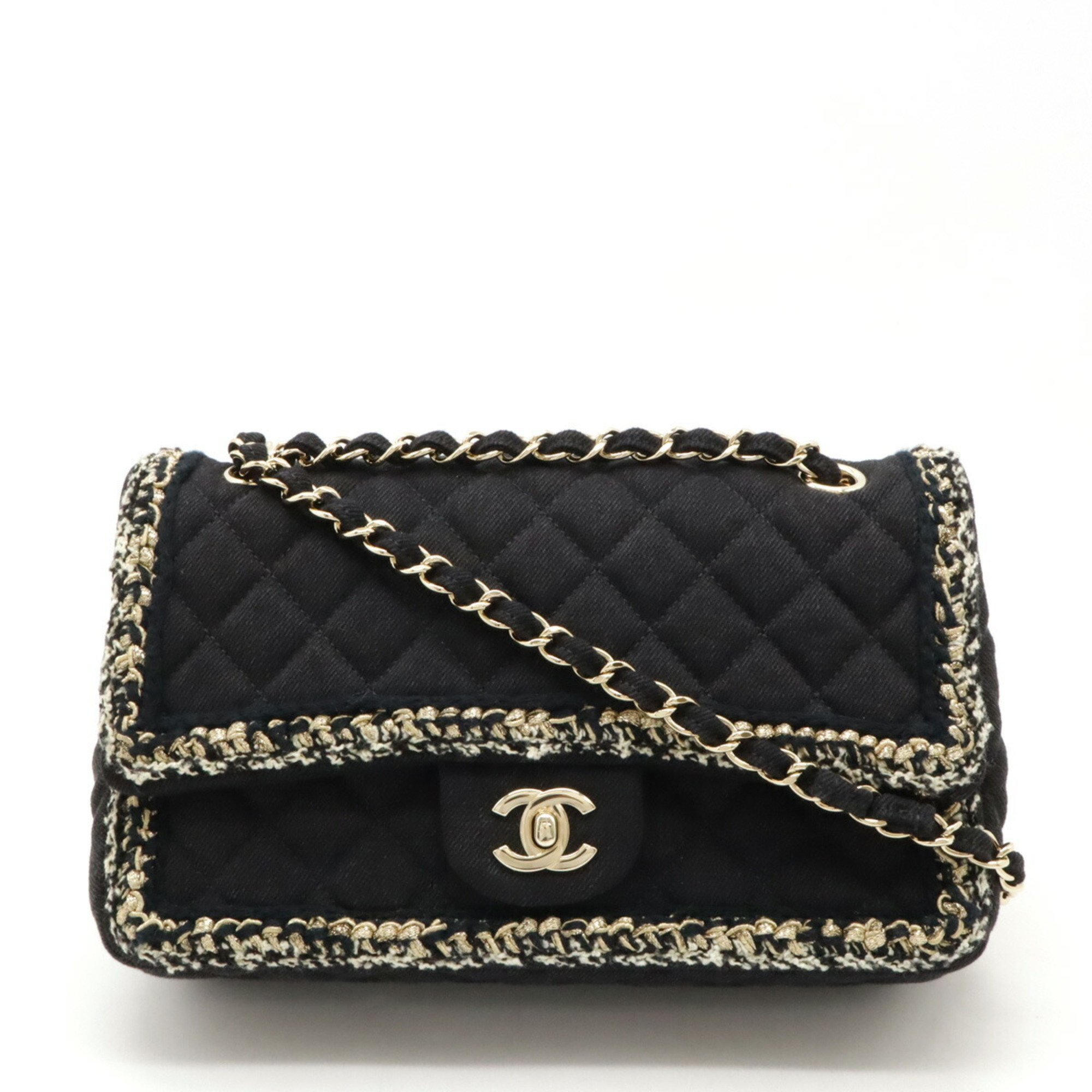 CHANEL Matelasse 25 Tweed Ruffle Chain Bag Shoulder Canvas Black