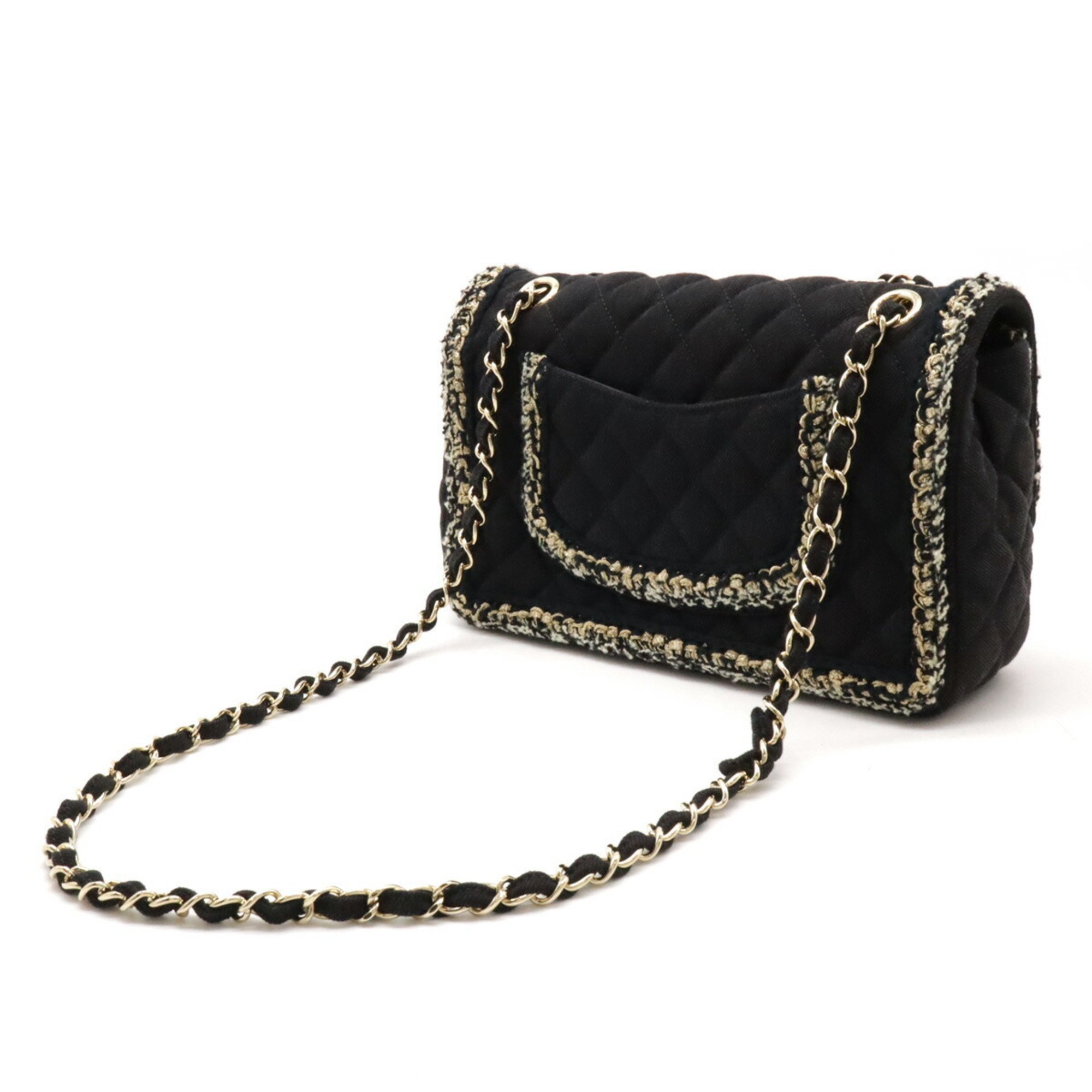 CHANEL Matelasse 25 Tweed Ruffle Chain Bag Shoulder Canvas Black