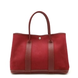 HERMES Garden PM Tote Bag Handbag Toile Officier Canvas Leather Wine Red □J Stamp