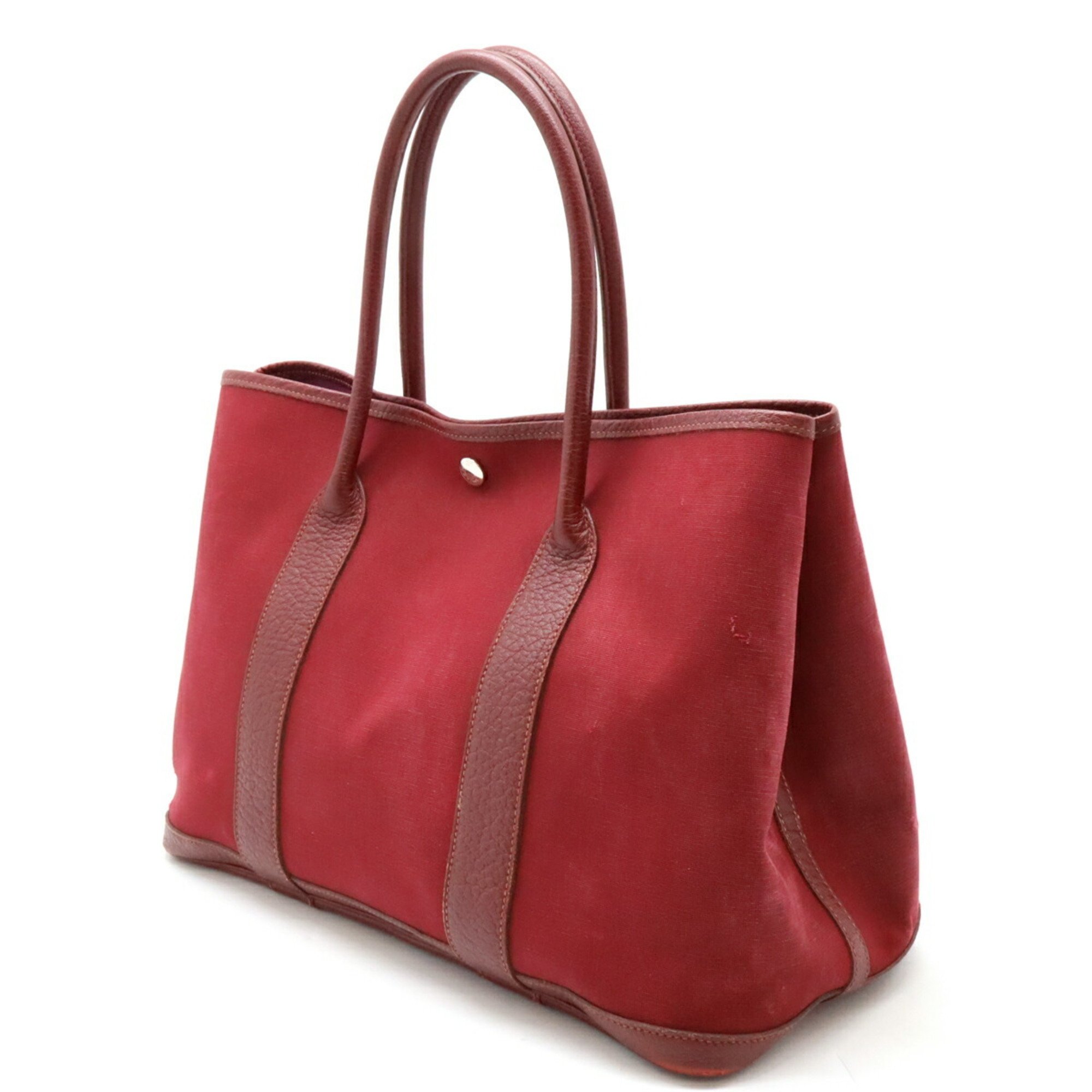 HERMES Garden PM Tote Bag Handbag Toile Officier Canvas Leather Wine Red □J Stamp