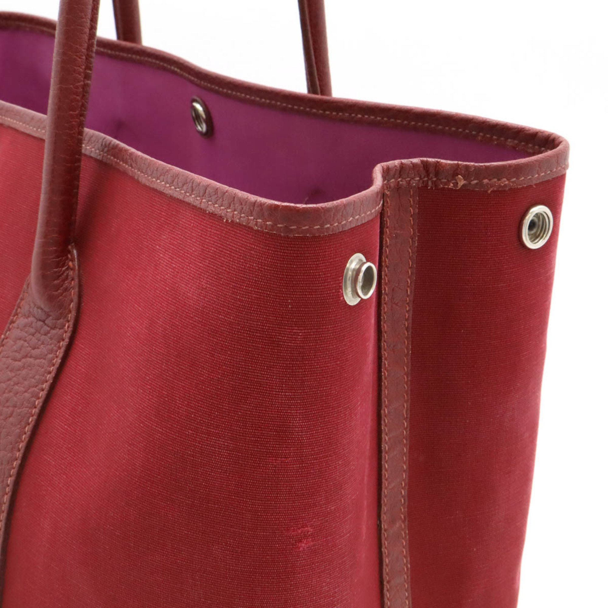 HERMES Garden PM Tote Bag Handbag Toile Officier Canvas Leather Wine Red □J Stamp