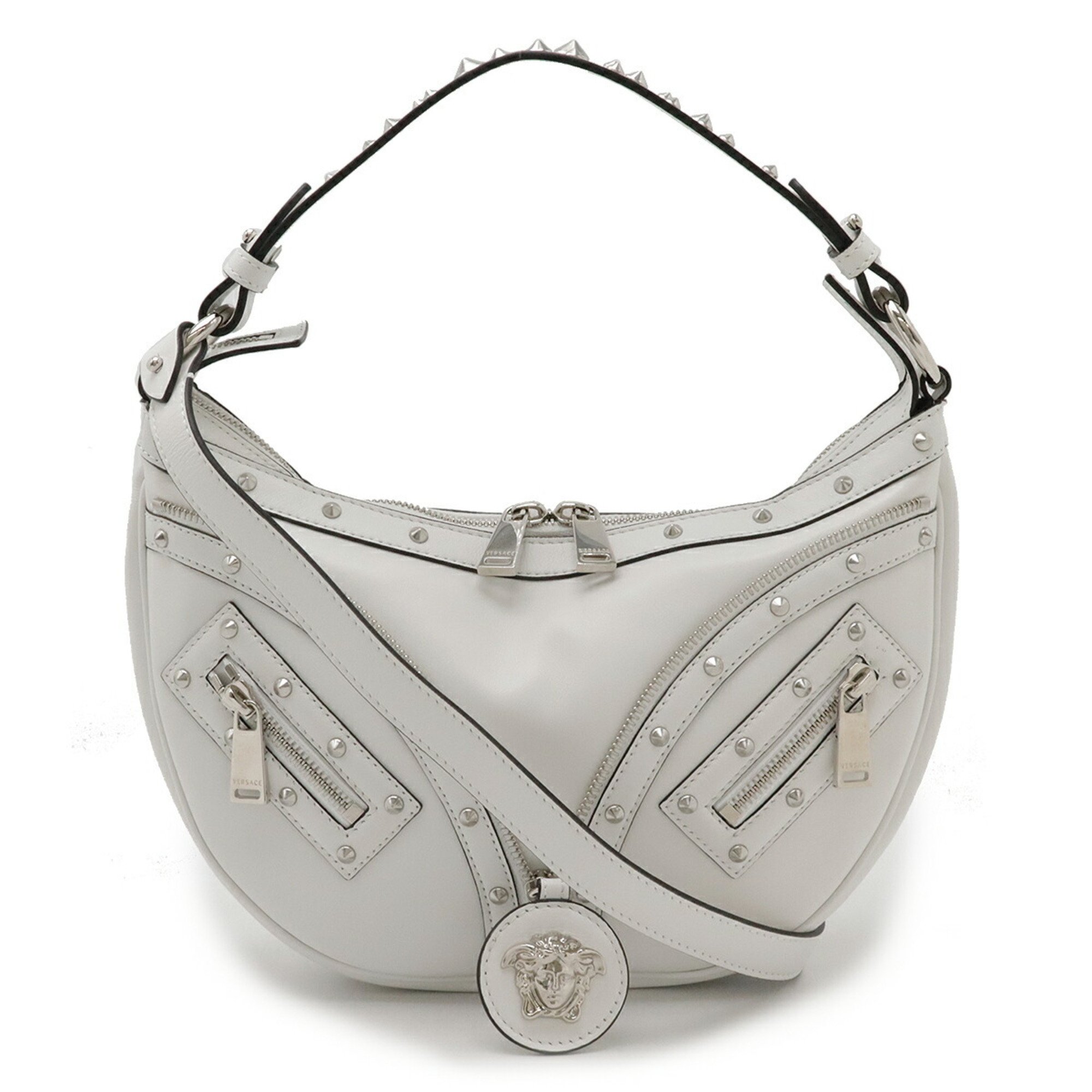 VERSACE Small Hobo Medusa Shoulder Bag Leather Studs White 1007680