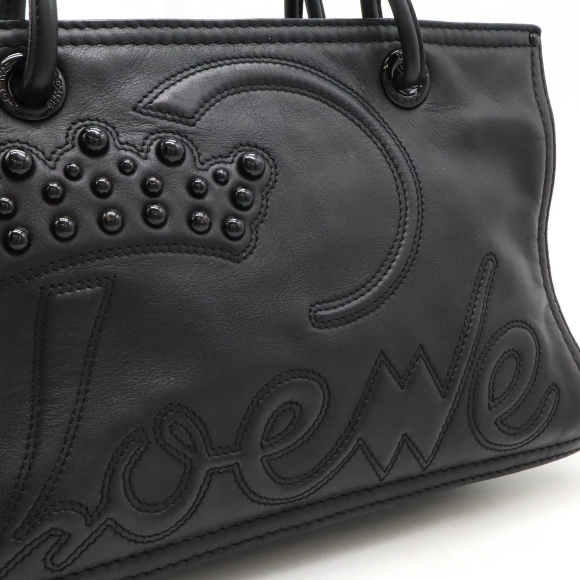 LOEWE Shopper Tote Bag Shoulder Crown Studs Leather Black