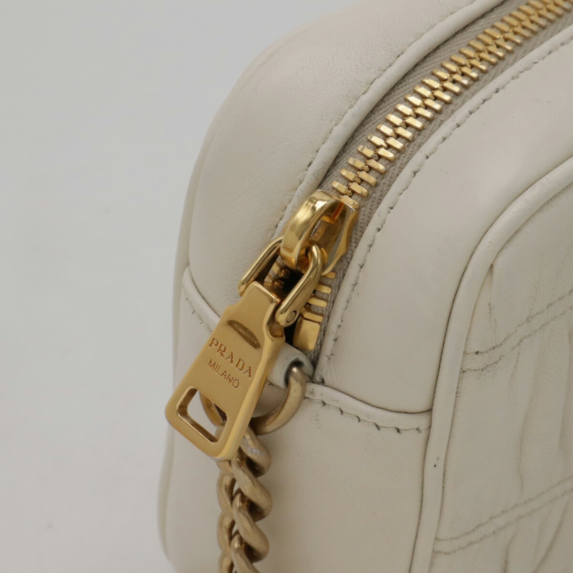 PRADA Prada Nappa Gaufre Gathered Shoulder Bag Chain Pochette Leather Ivory White 1BH112