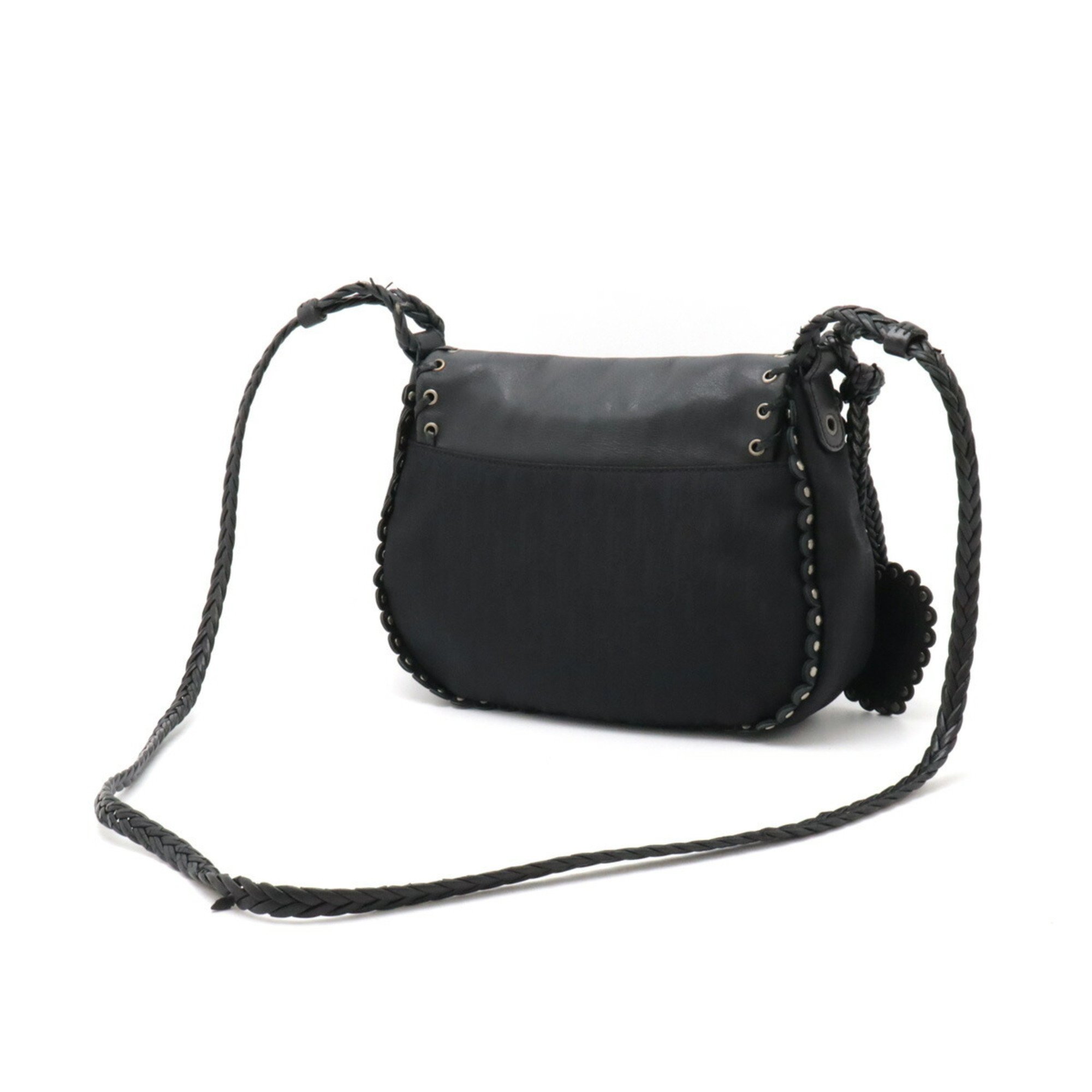 Christian Dior Ethnic Line Shoulder Bag Pochette Nylon Canvas Leather Black