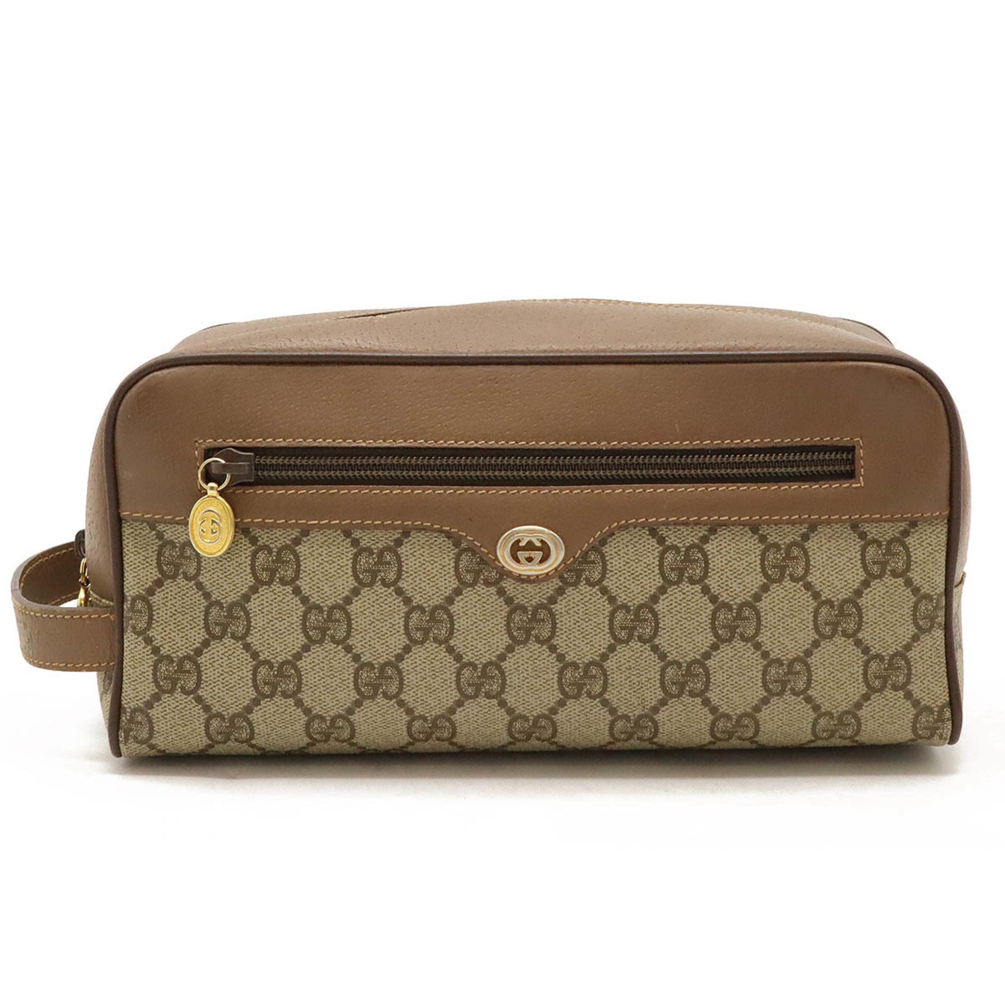 GUCCI GG Supreme Clutch Bag, Second Pouch, Handbag, PVC, Leather, Beige, Mocha Brown, 014.122.6087