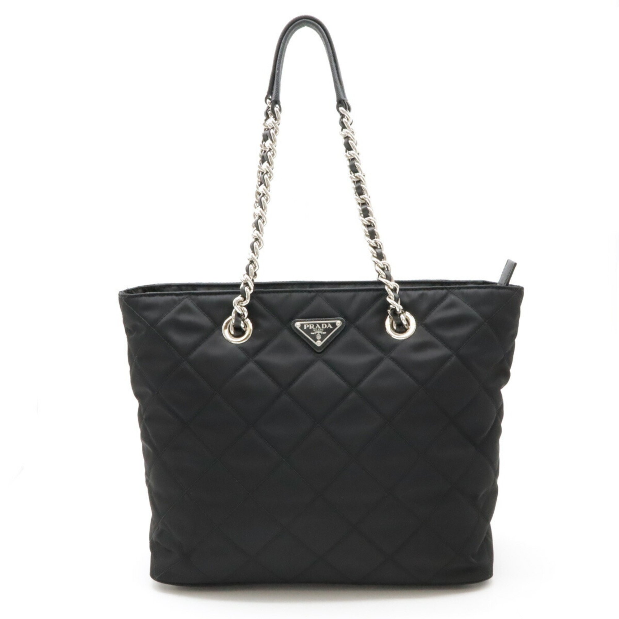 PRADA Prada Tote Bag Chain Shoulder Quilted Nylon Leather NERO Black 1BG017