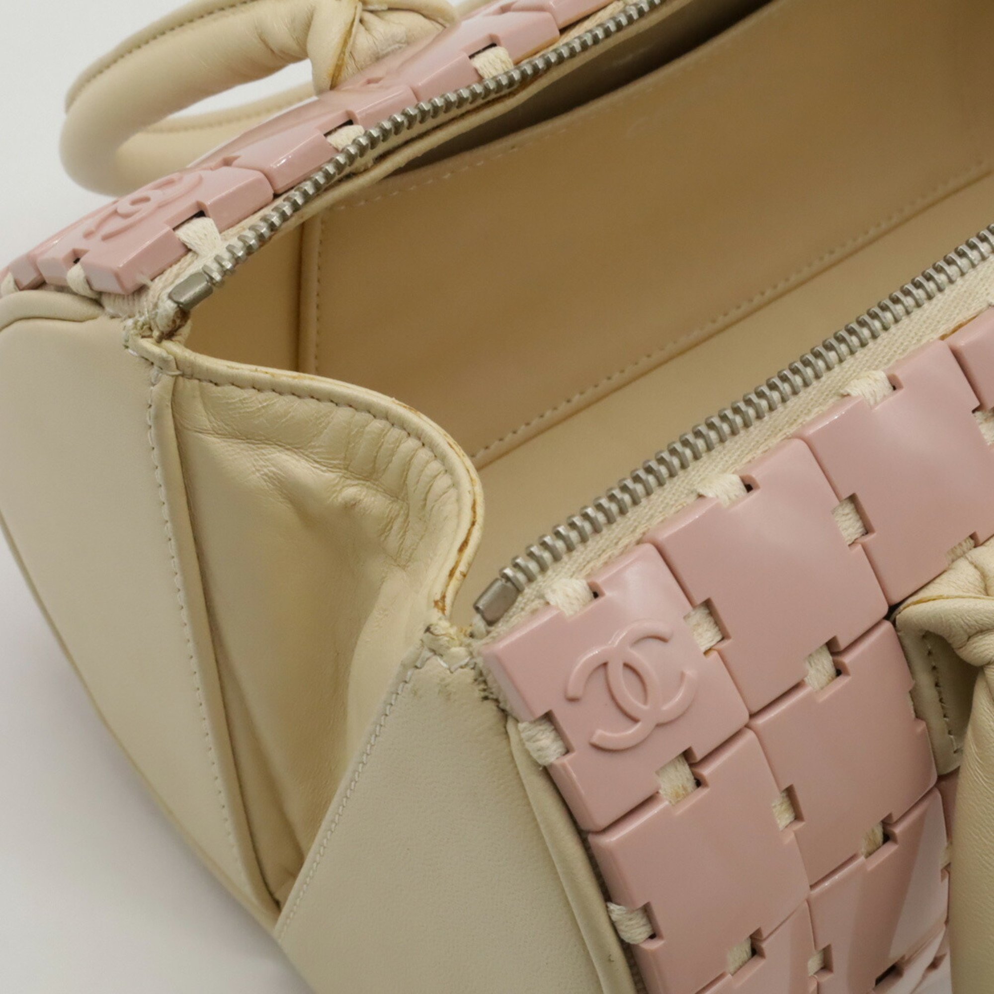 CHANEL Puzzle Coco Mark Handbag Leather Pink Beige