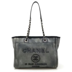 CHANEL Deauville Line Medium Tote MM Bag Shoulder Chain Sequin Canvas Gray Black A67001