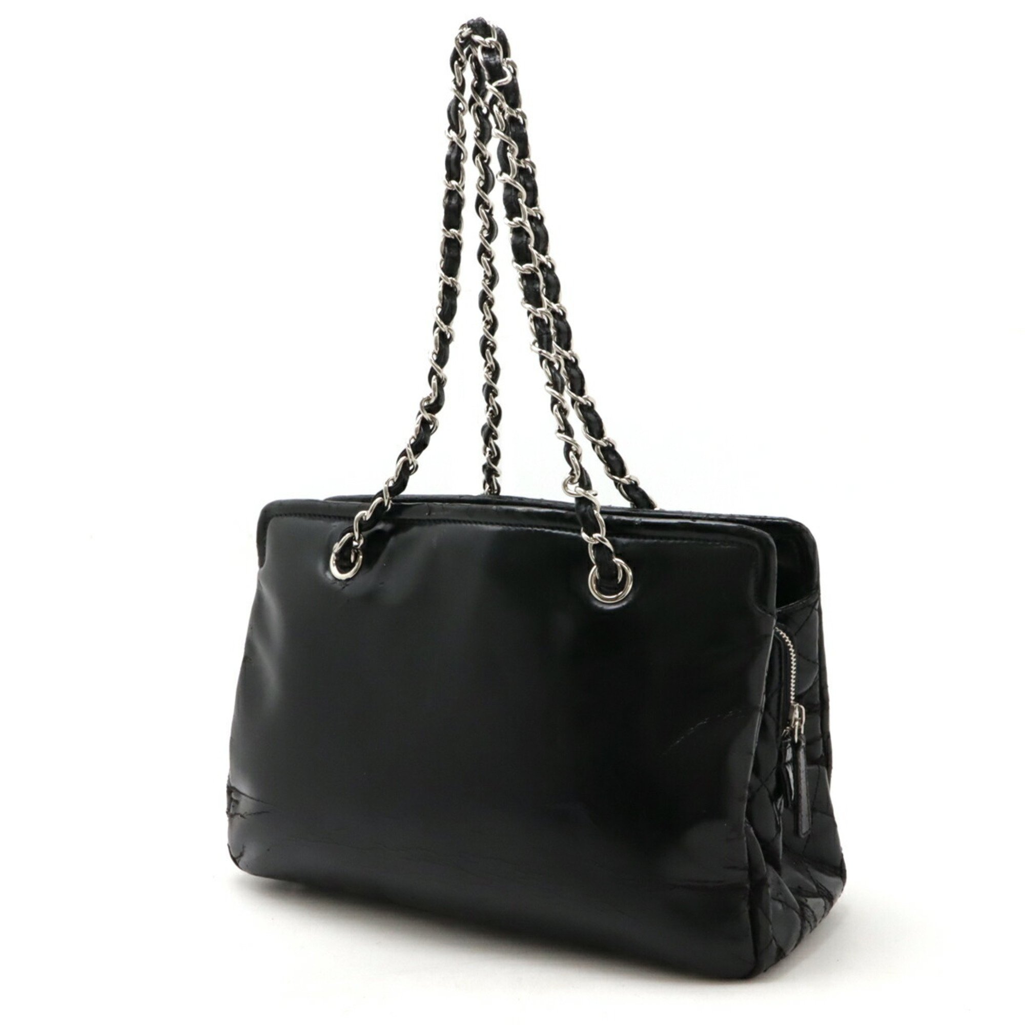 CHANEL Coco Mark Tote Bag Chain Shoulder Enamel Patent Leather Black