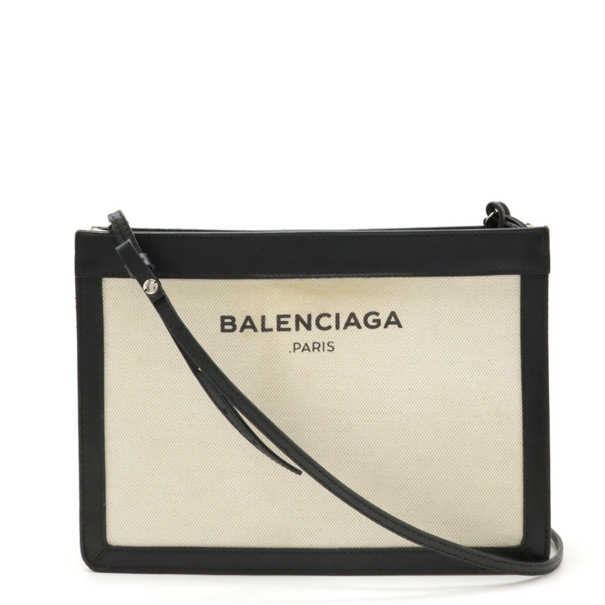 BALENCIAGA Navy Pochette Shoulder Bag Clutch Canvas Leather Natural Black 339937