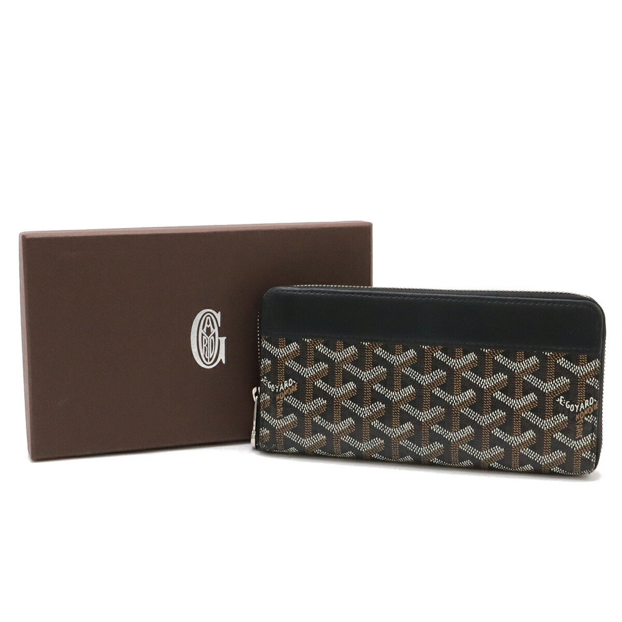 GOYARD Matignon Zip GM Round Long Wallet Herringbone Pattern PVC Leather Black Brown