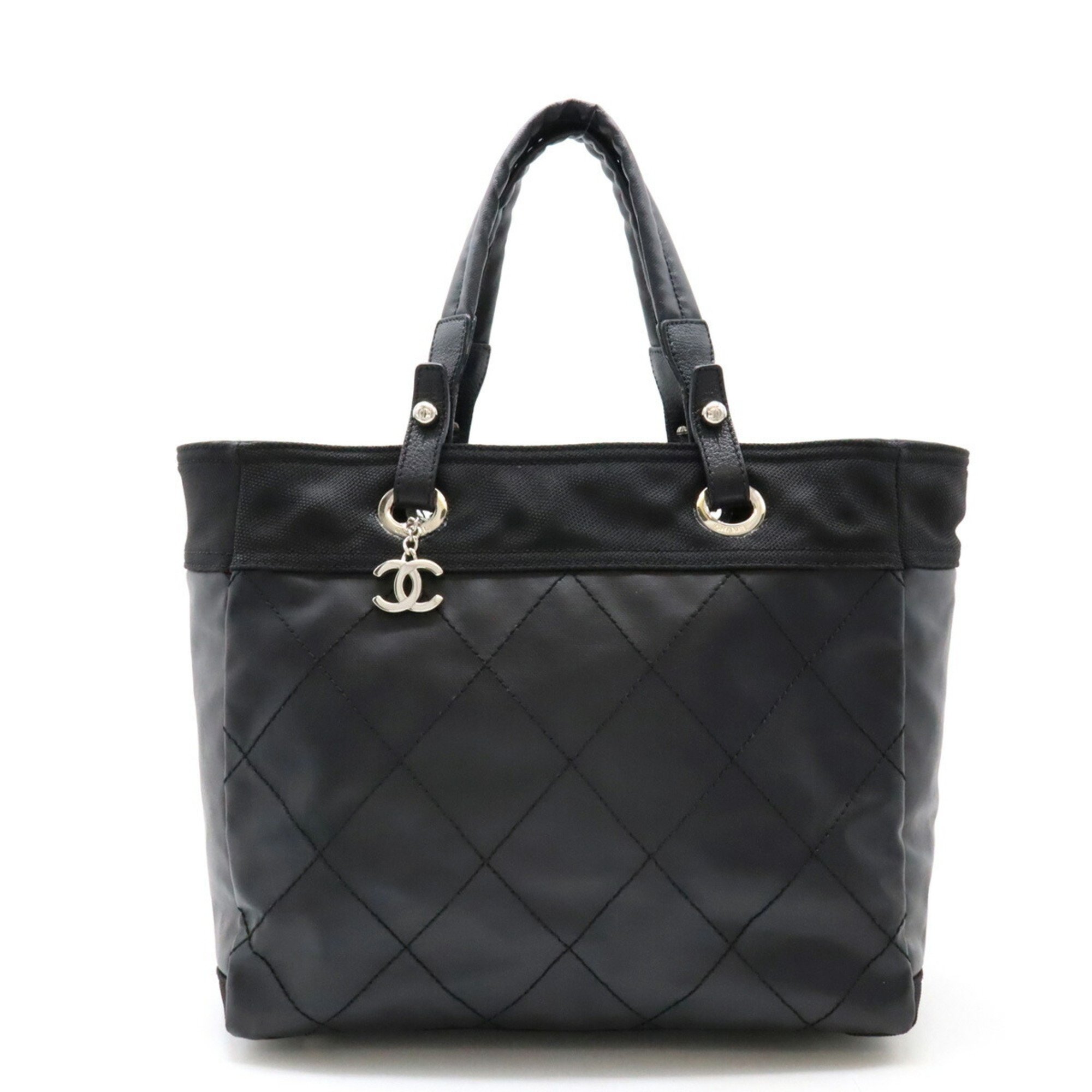 CHANEL Paris Biarritz Tote MM Bag Handbag Coated Canvas Black A34209