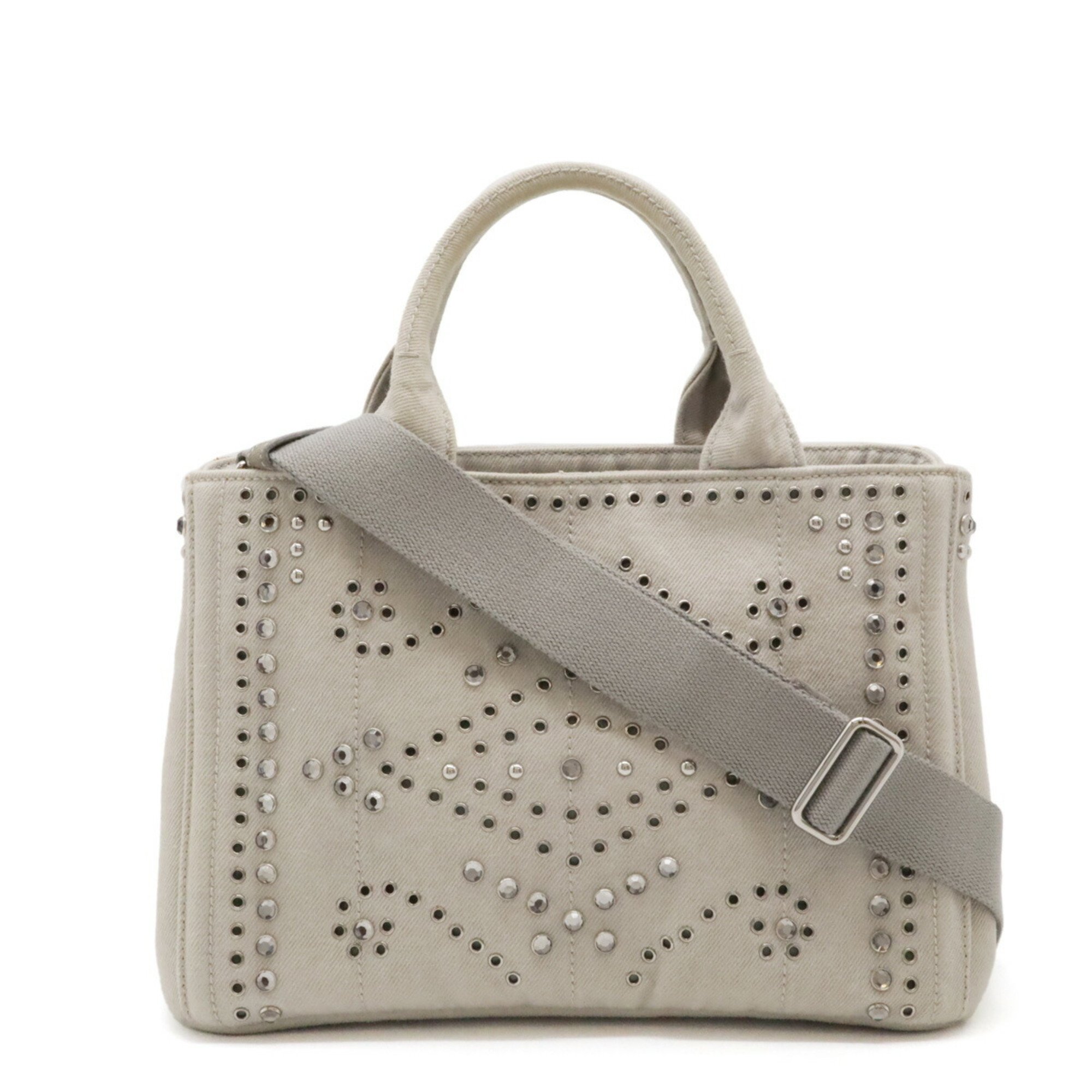 PRADA CANAPA Tote Bag Shoulder Beads Studs Denim NUBE Light Gray Purchased at a domestic boutique BN2439