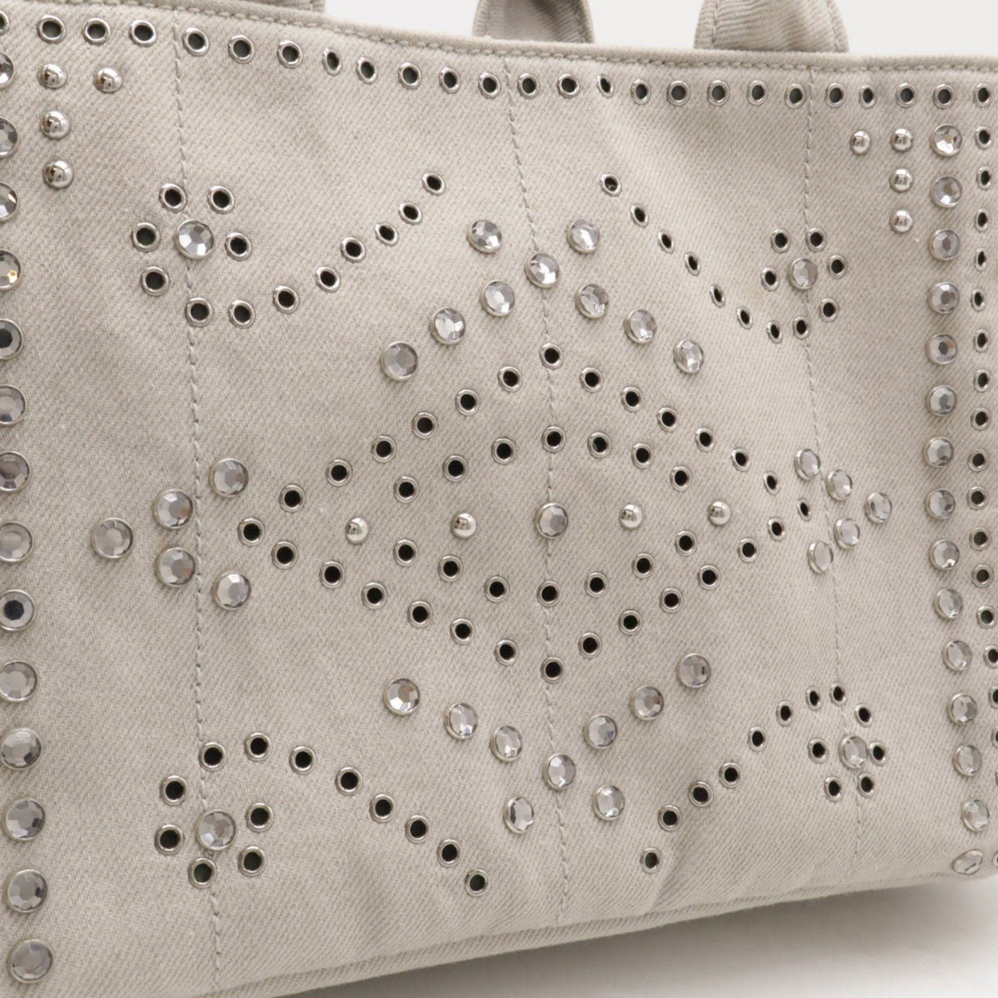 PRADA CANAPA Tote Bag Shoulder Beads Studs Denim NUBE Light Gray Purchased at a domestic boutique BN2439