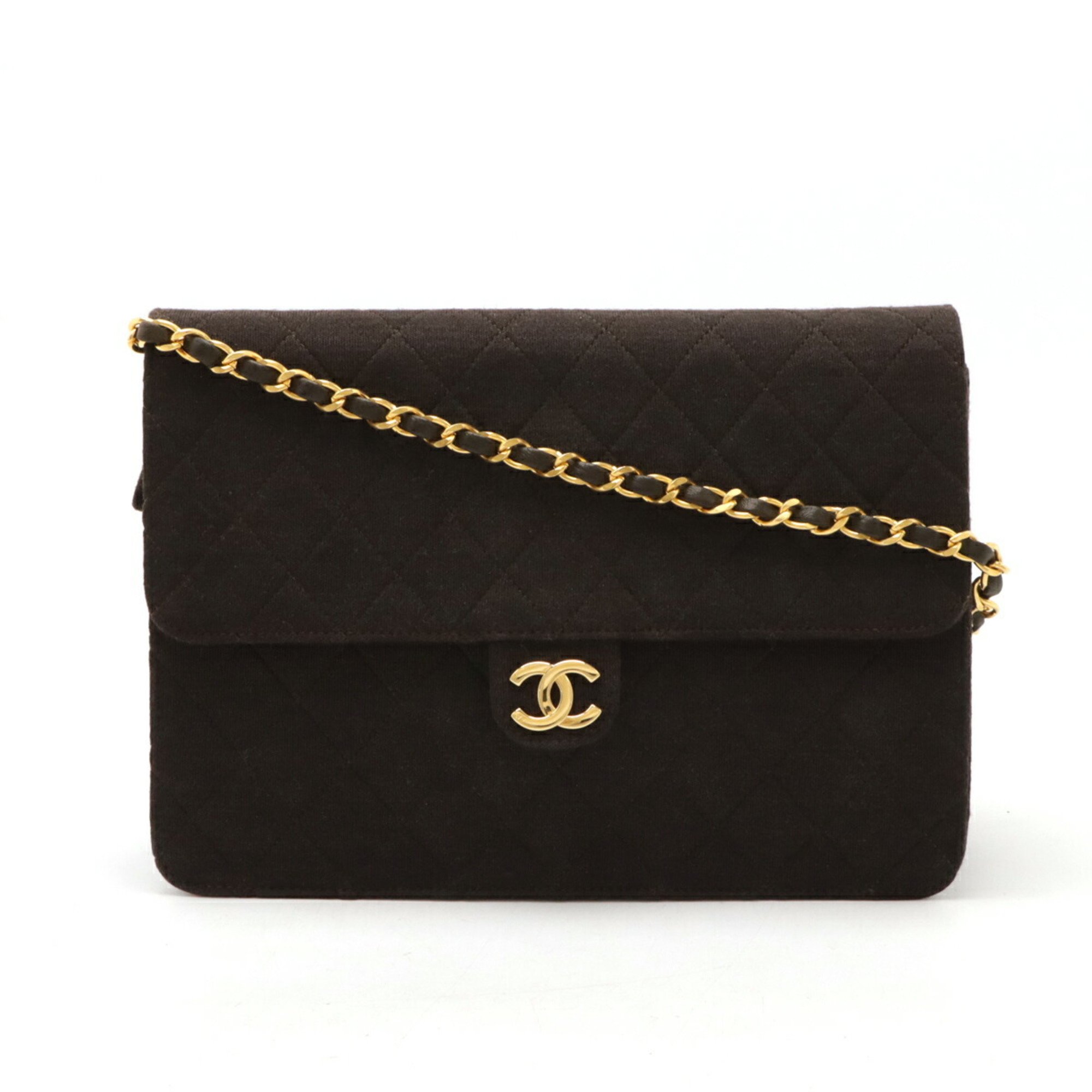 CHANEL Chanel Matelasse Coco Mark Chain Shoulder Bag Cotton Jersey Leather Dark Brown