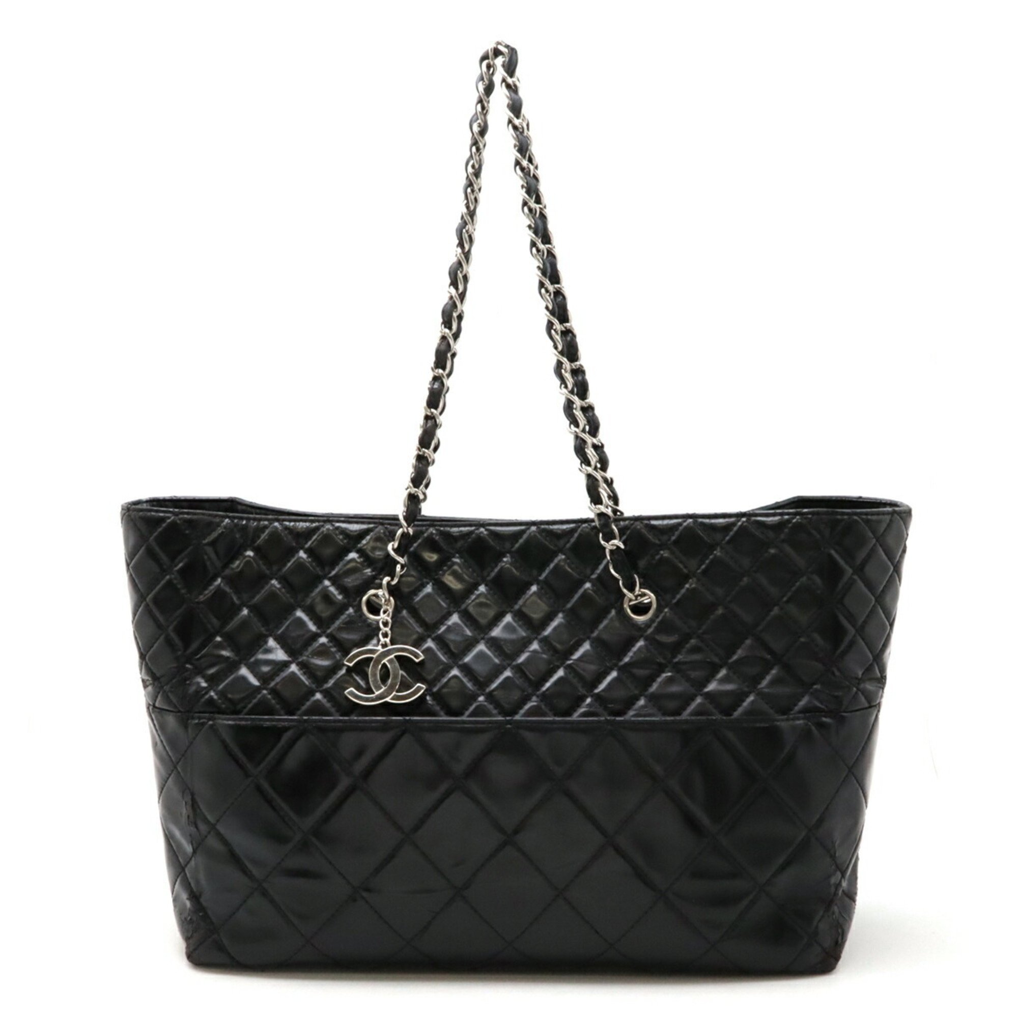 CHANEL Coco Mark Tote Bag Chain Shoulder Enamel Patent Leather Black