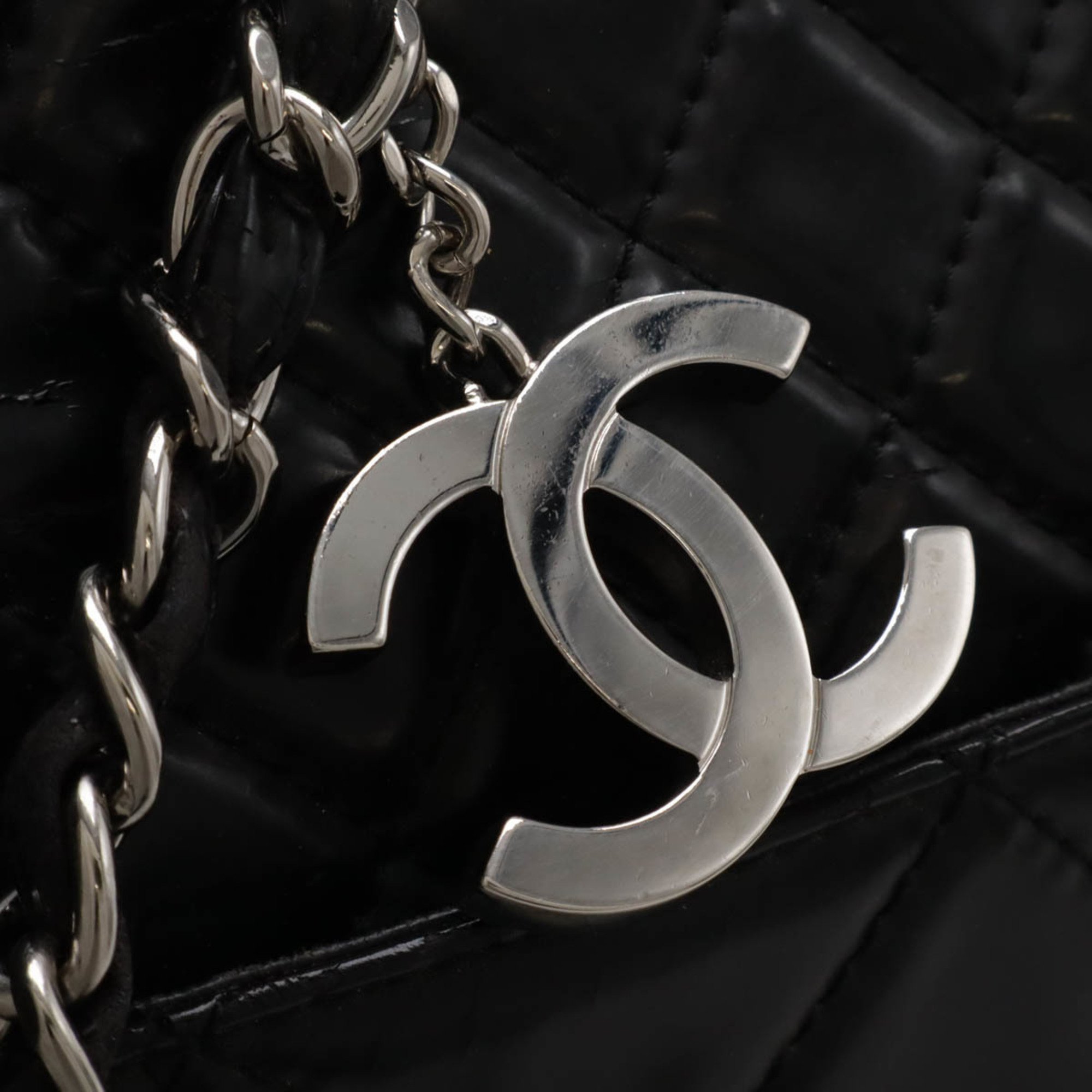 CHANEL Coco Mark Tote Bag Chain Shoulder Enamel Patent Leather Black