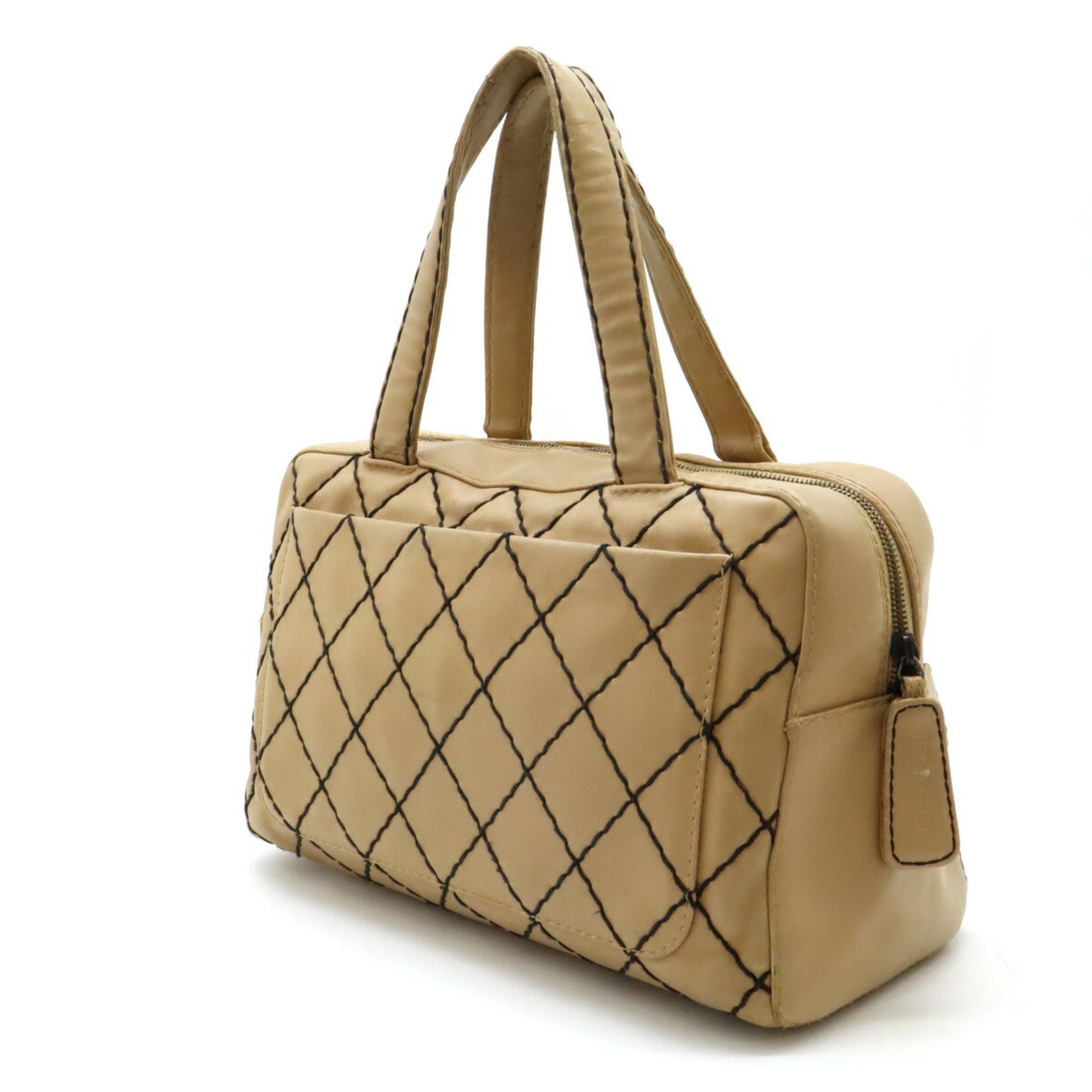 CHANEL Wild Stitch Handbag Boston Bag Leather Beige A14692