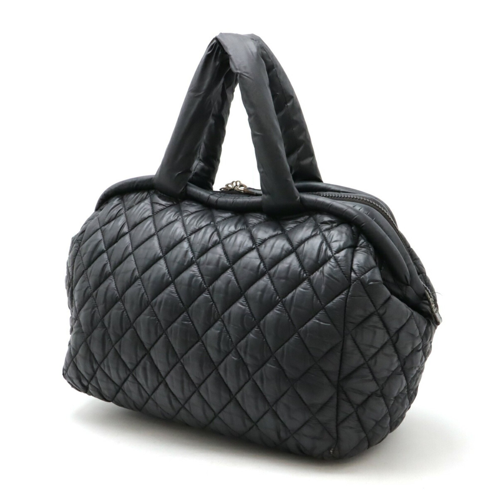 CHANEL Cococoon Quilted Tote Bag Handbag Boston Nylon Leather Black 7205