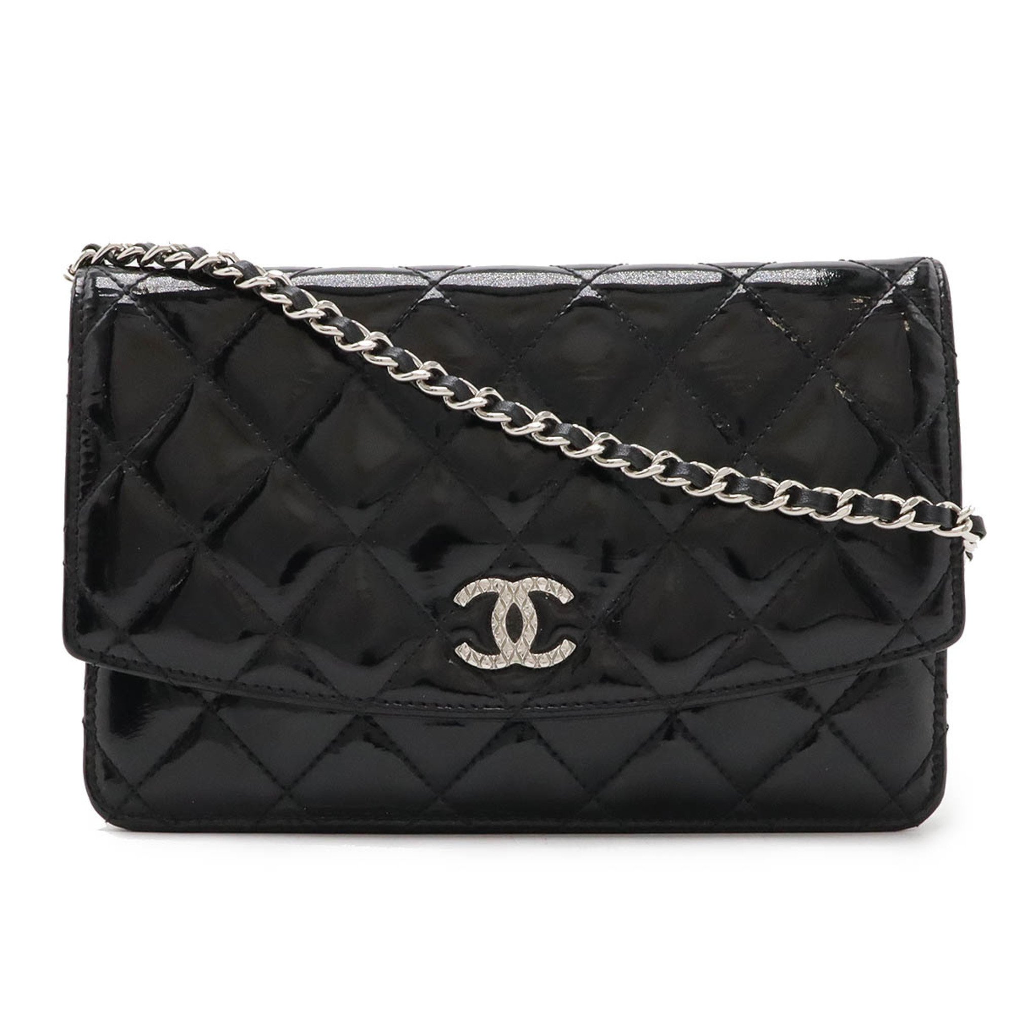 CHANEL Brilliant Matelasse Chain Wallet, Shoulder Pochette, Enamel Leather, Black 8692