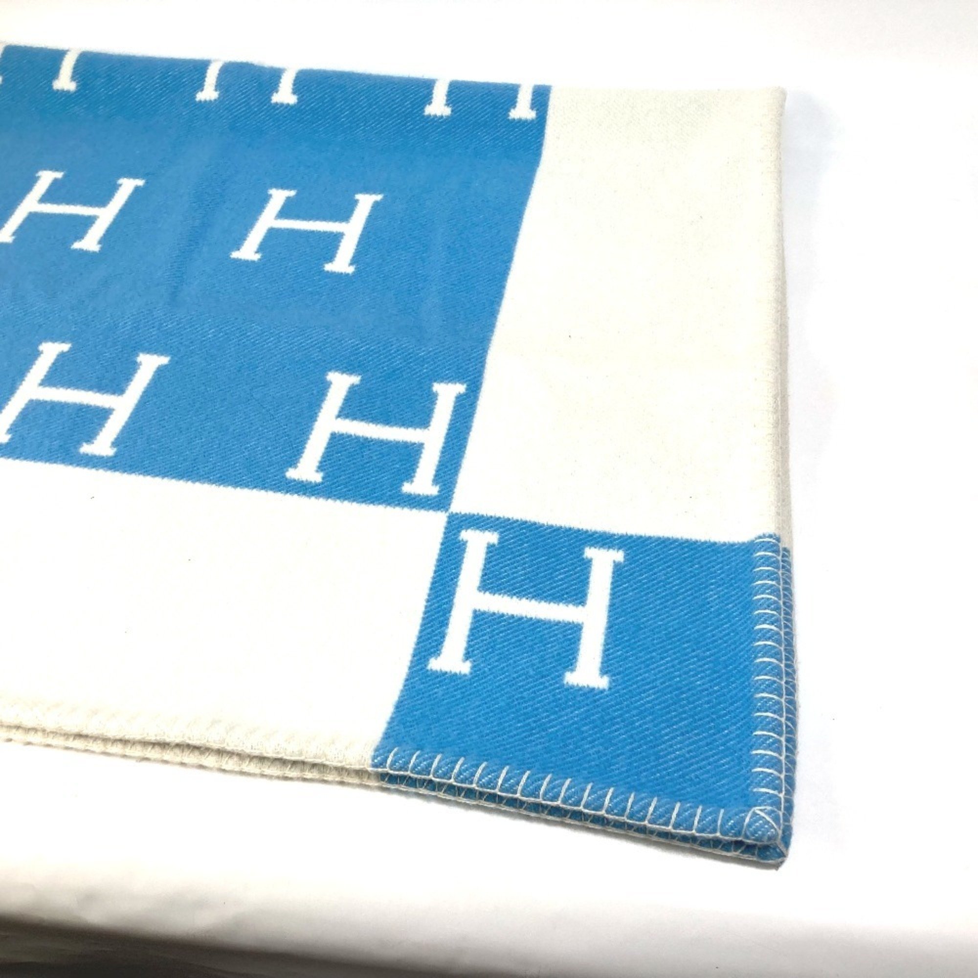 HERMES Hermes Plaid Avalon Blanket Wool Cashmere Kids Blue