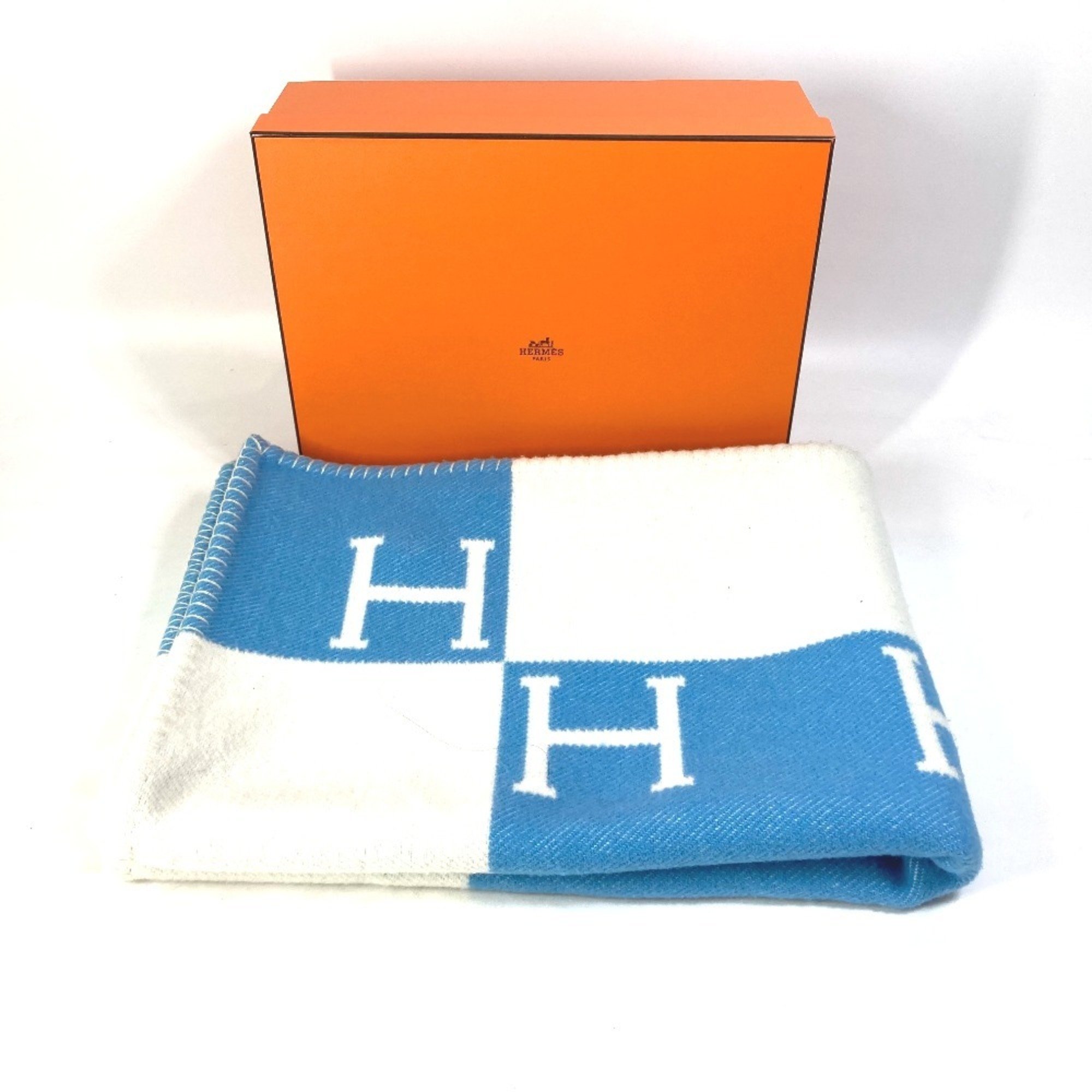 HERMES Hermes Plaid Avalon Blanket Wool Cashmere Kids Blue