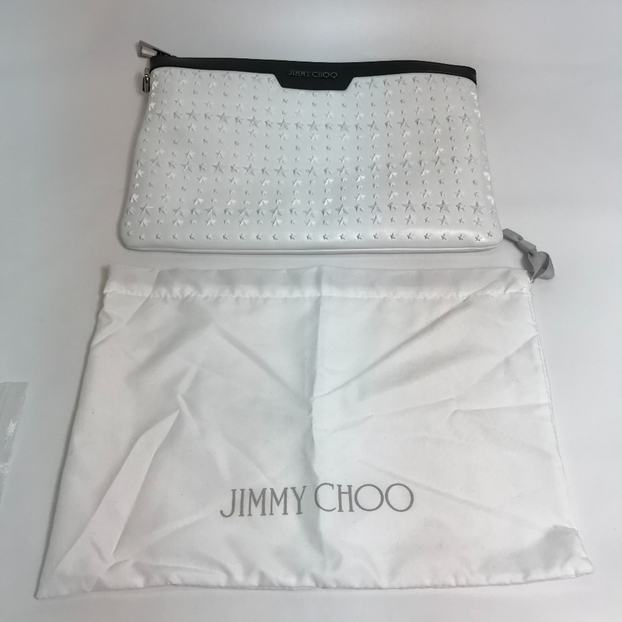 JIMMY CHOO Star Studs DEREK Second Bag Clutch Leather Men's White x Black