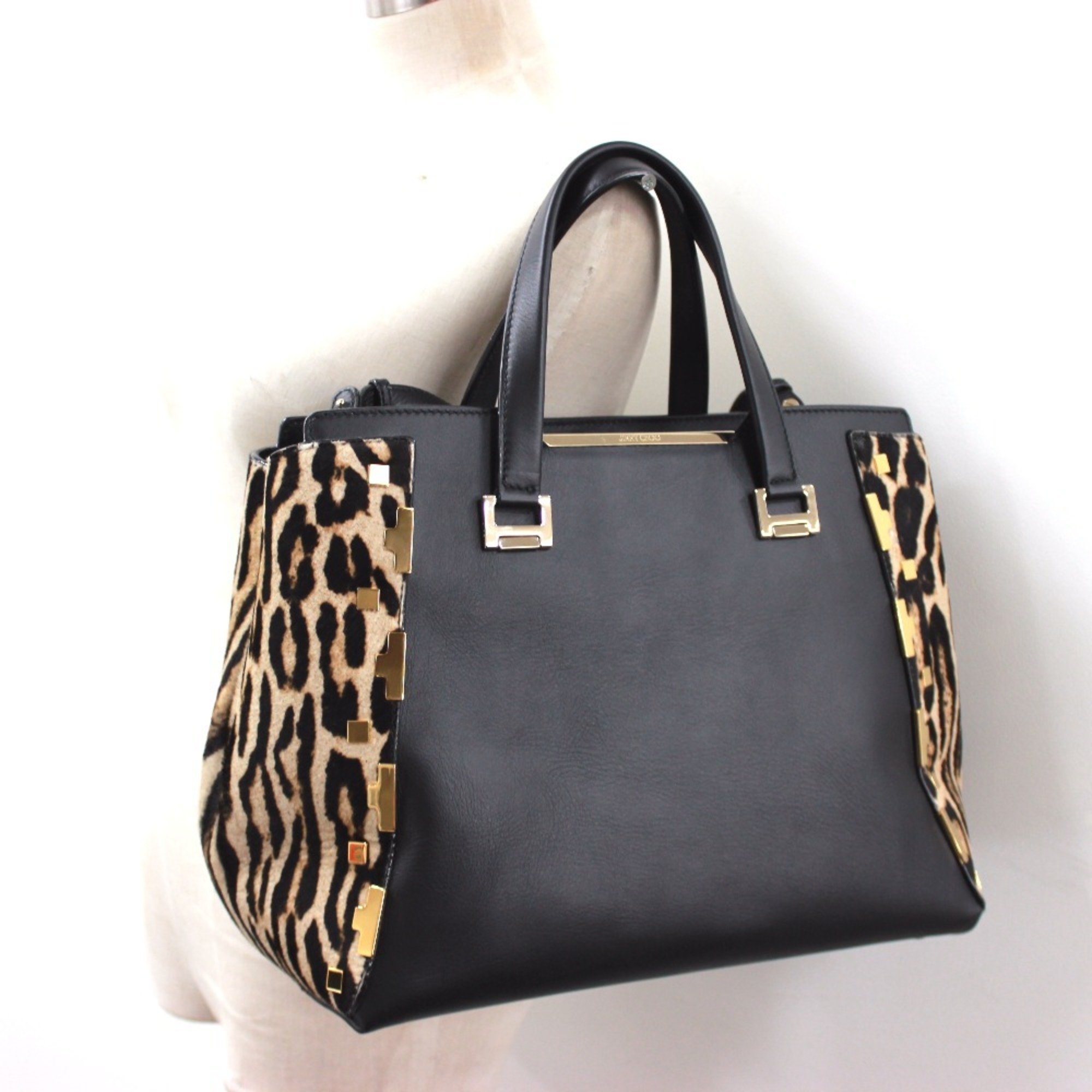 JIMMY CHOO Leopard handbag shoulder bag leather pony for women black